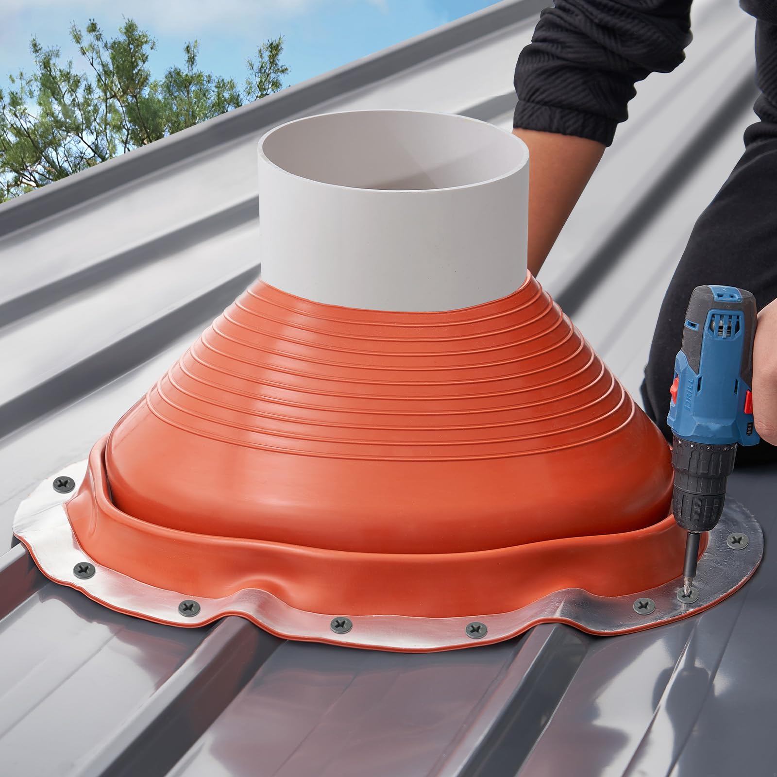 VEVOR Guarnizione per Tubo del Tetto, per Tubi con Diametro Esterno 254-483 mm, Guarnizione Flessibile in Silicone Temperatura -74℃-225℃, Base in Metallo Rosso Rotondo, per Camino Tubo Sfiato Esterno