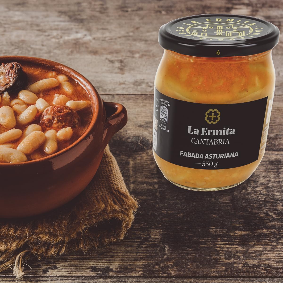 LA ERMITA Fabada Asturiana, Receta Tradicional con Fabes, Chorizo, Panceta y Morcilla, Sin Gluten, Conserva en Tarro de Vidrio, Lista para Calentar 550 g, (Pack 4 unidades)