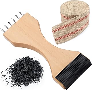 Upholstery Tool Set-3.5" Burlap Jute Webbing Tape 10 Yards, Webbing Stretcher Wood Handle, 115pcs 1/2" Black Upholstery Tacks-for Chair, Sofa, Carpet & Craft Furniture Repair Kit (Classic)