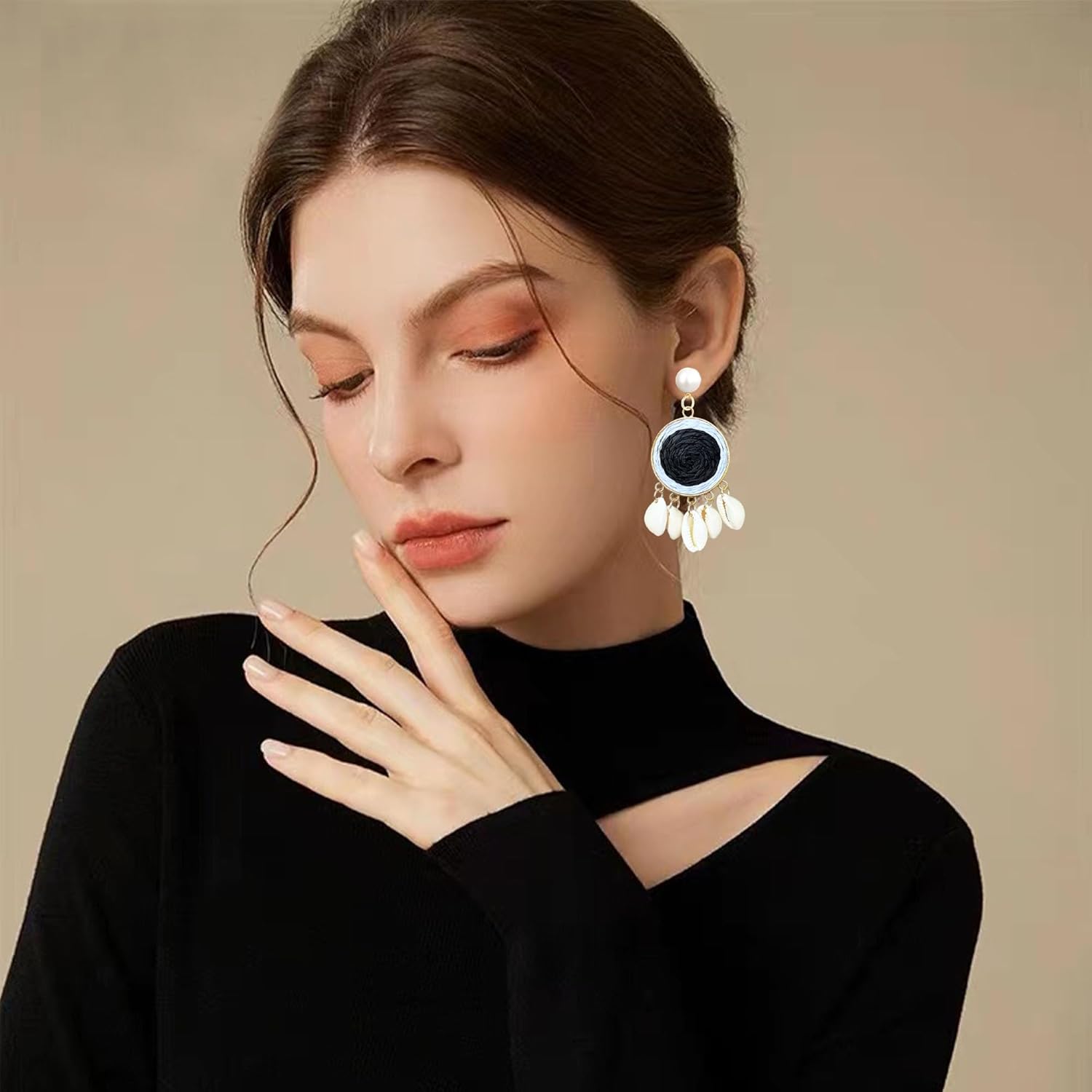 YUNXI Bohemian Shell Earrings for Women Geometric Round Weaving Pearl Stud Earrings Summer Seaside Vacation Jewelry - Image 3