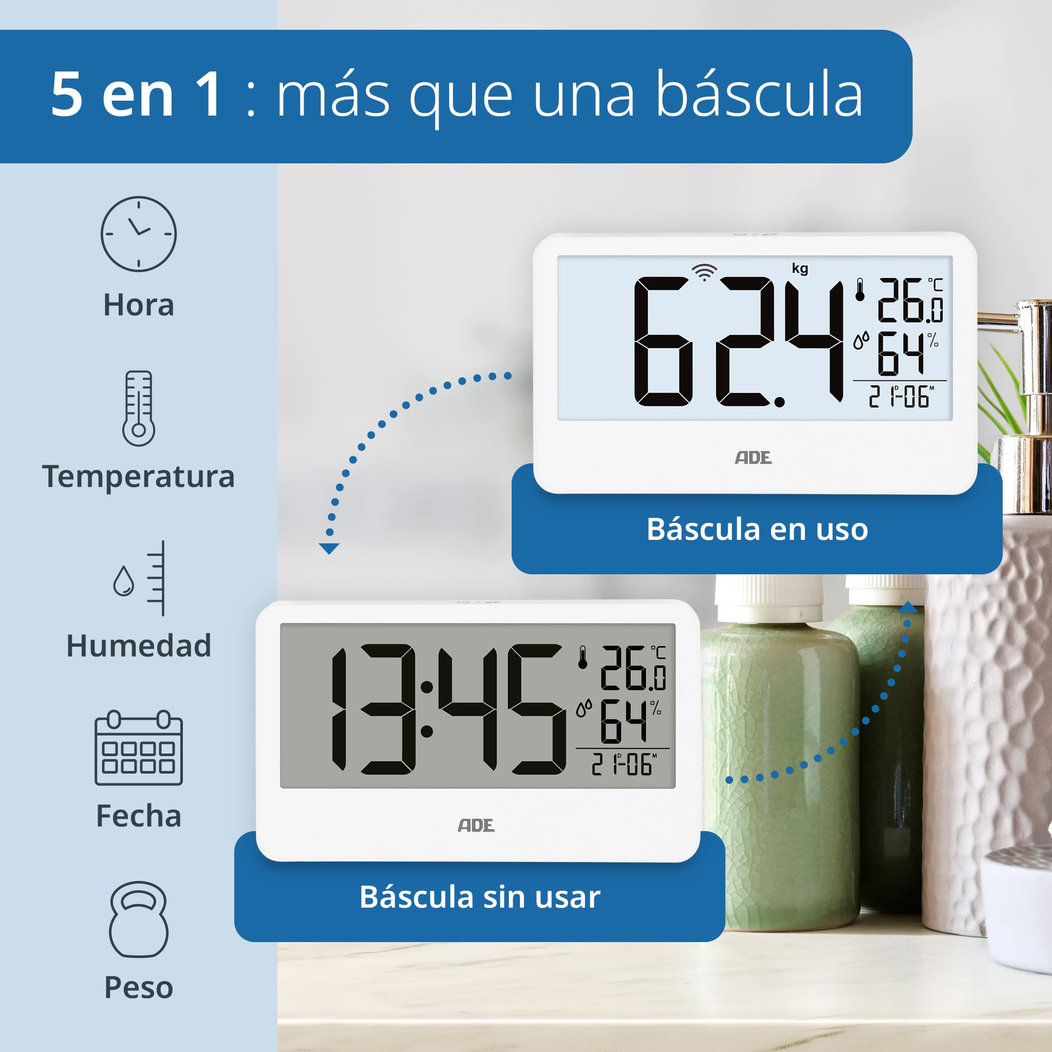 ADE Báscula digital con pantalla externa, báscula para personas de hasta 180 kg, peso legible a la altura de los ojos, báscula para personas mayores, con reloj de baño, higrómetro, termómetro interior