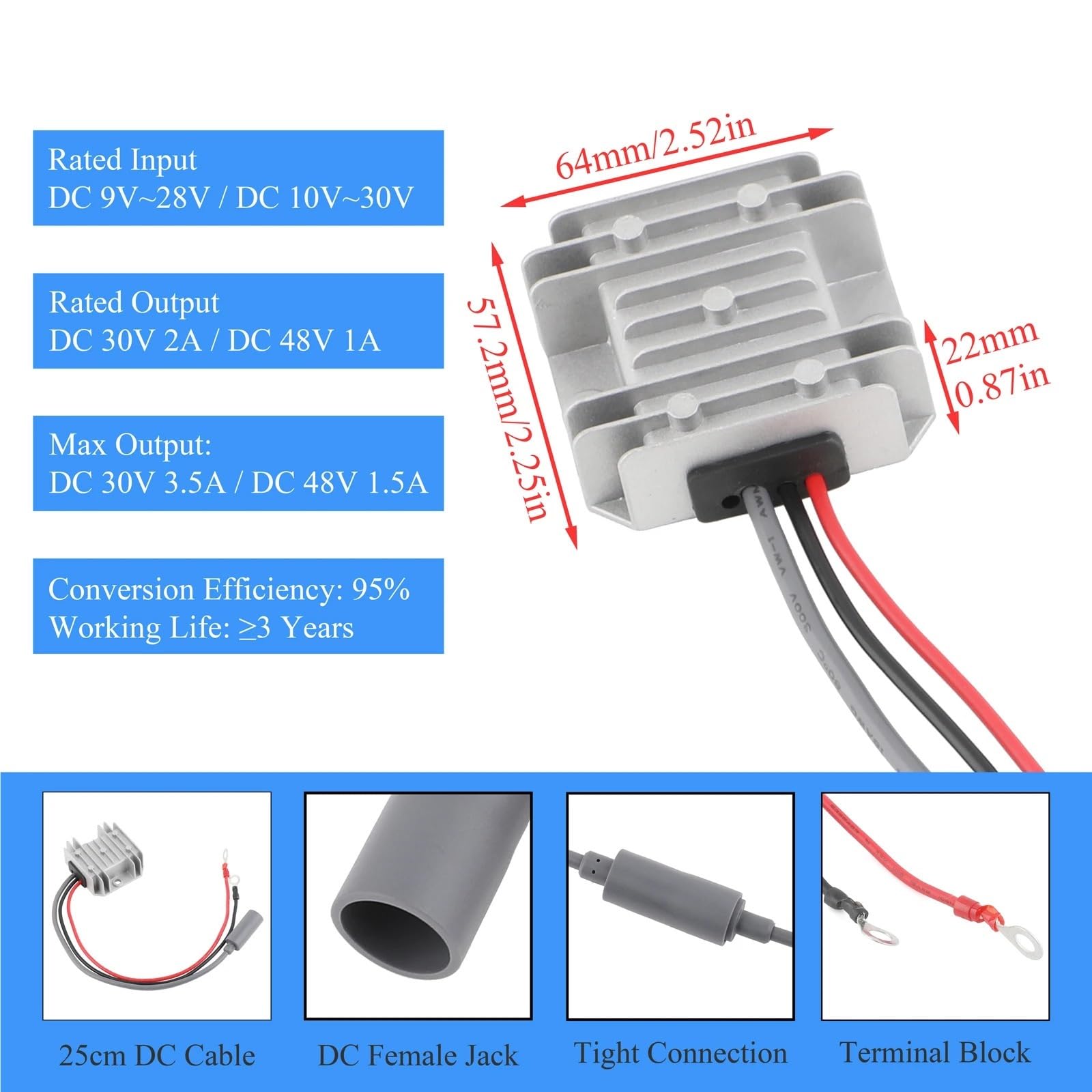 1PCS 12V/24V to 30V 3.5A/48V 1.5A DC Power Boost Converter with Terminal Block to DC Female(3.5A Output 30V)