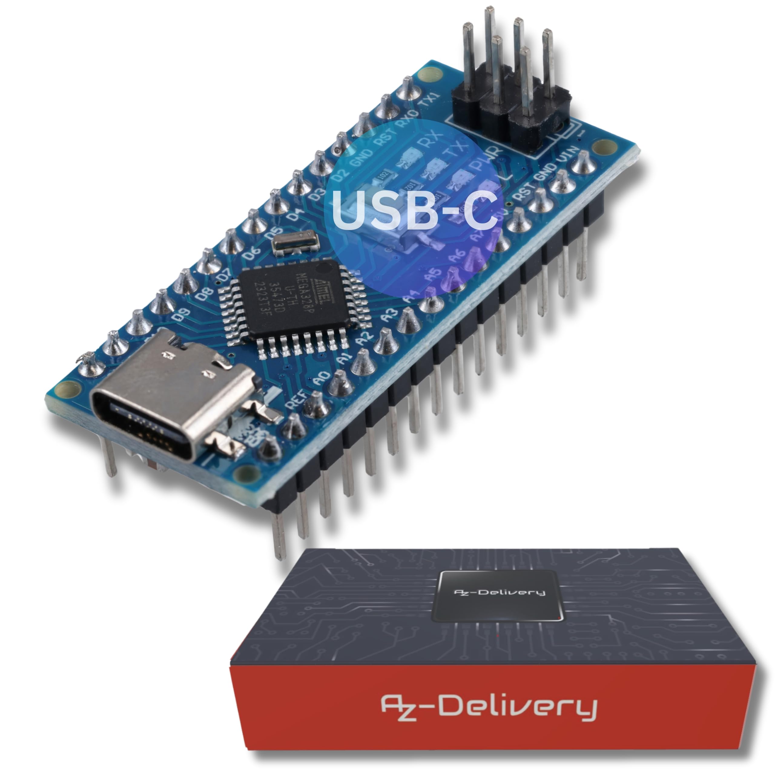 AZDelivery 1 x AZ-Nano V3-Board mit USB-C Anschluss mit Atmega328 CH340 fertig verlötete, verbesserte Version inklusive E-Book!
