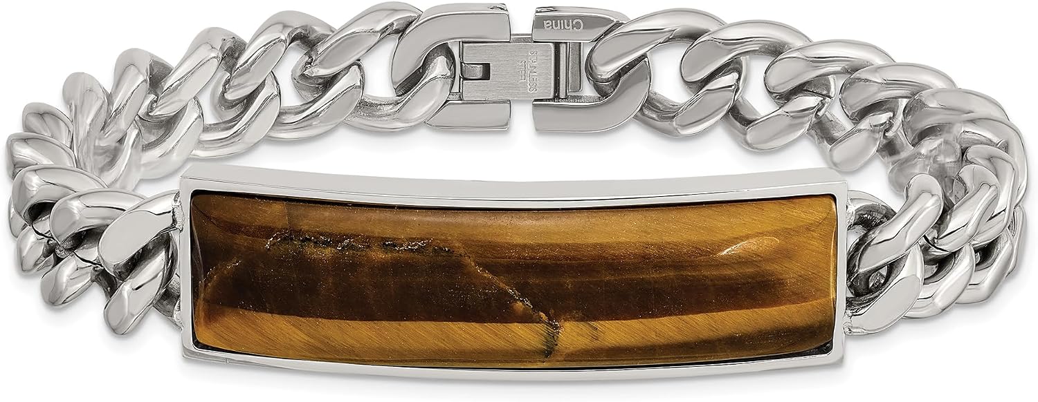 Reeds Stainless Steel and Tiger's Eye Inlay ID Curb Chain Bracelet | 15mm | 8.25 Inches | Men's