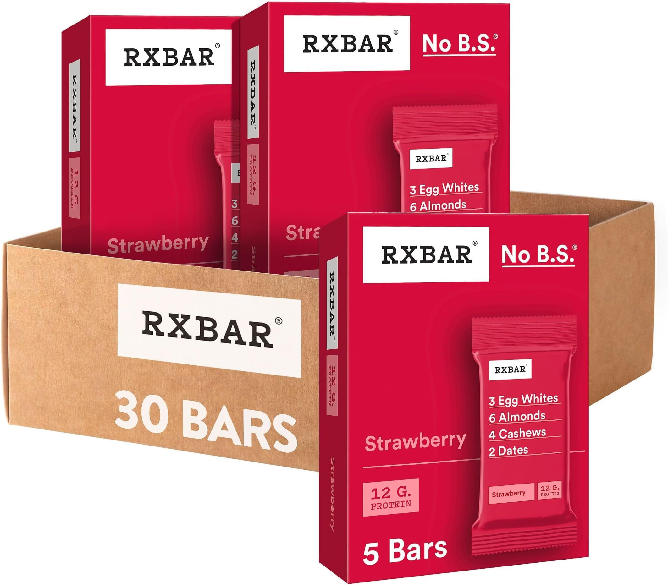 RXBAR Protein Bars, 12g Protein, Gluten Free Snacks, Strawberry (6 Boxes, 30 Bars)