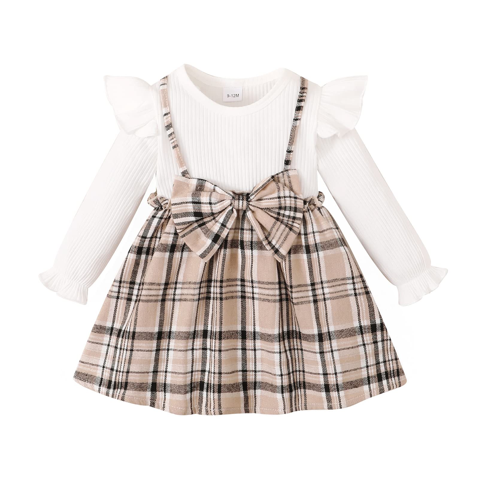 QiraoxyBaby Girl Dress Ruffle Long Sleeve Bow False Suspender Dresses Ribbed Knit Dress Splicing Strap Plaid Skirt Toddler Girl Spring Clothes Outfits Khaki