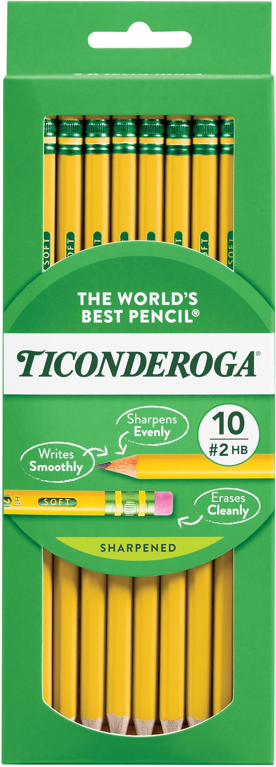 TICONDEROGA Pencils, Wood-Cased, Pre-Sharpened, Graphite #2 HB Soft, Yellow, 10-Pack (33892)