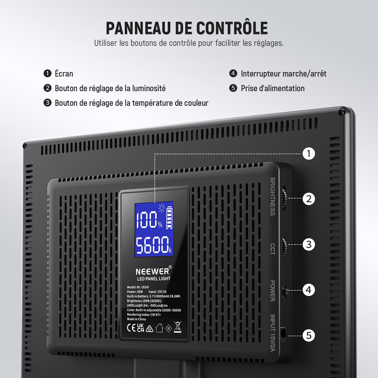 NEEWER Panneau Lumineux 192 LED, 20W Lumière Soft Ultra-Fine Bicolore Dimmable pour Caméra DSLR, Batterie Lithium Intégrée 8000mAh, 3200-5600K CRI97+ Éclairage pour Photo, Vidéo, Streaming en Direct