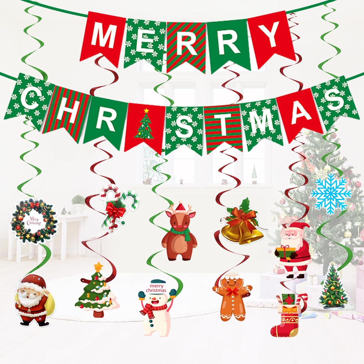 Christmas Hanging Swirl Decorations Set, Merry Christmas Red Green