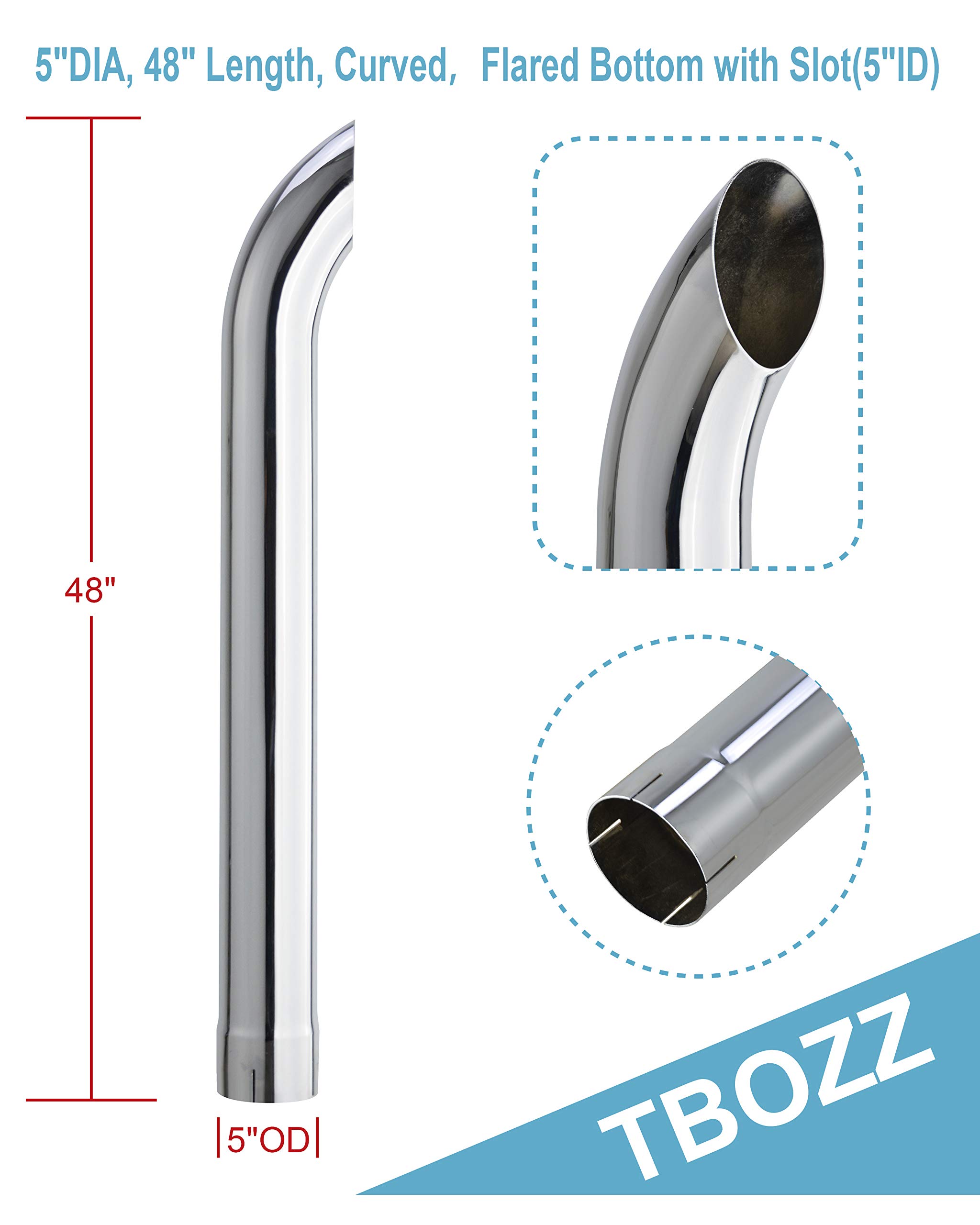 Chrome Exhaust Pipe 5"DIA, 48" Length Curved，Flared Bottom with Slot