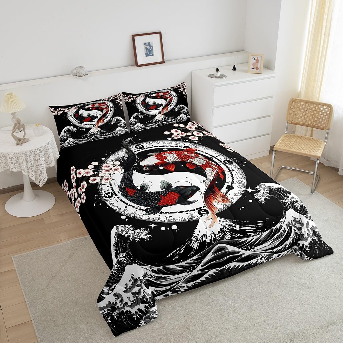 Feelyou Japanese Koi Fish Comforter Set Queen Size Kids Wave Bedding Set for Boys Girls Teens Cherry Blossoms Quilt Japanese-Style Duvet Set