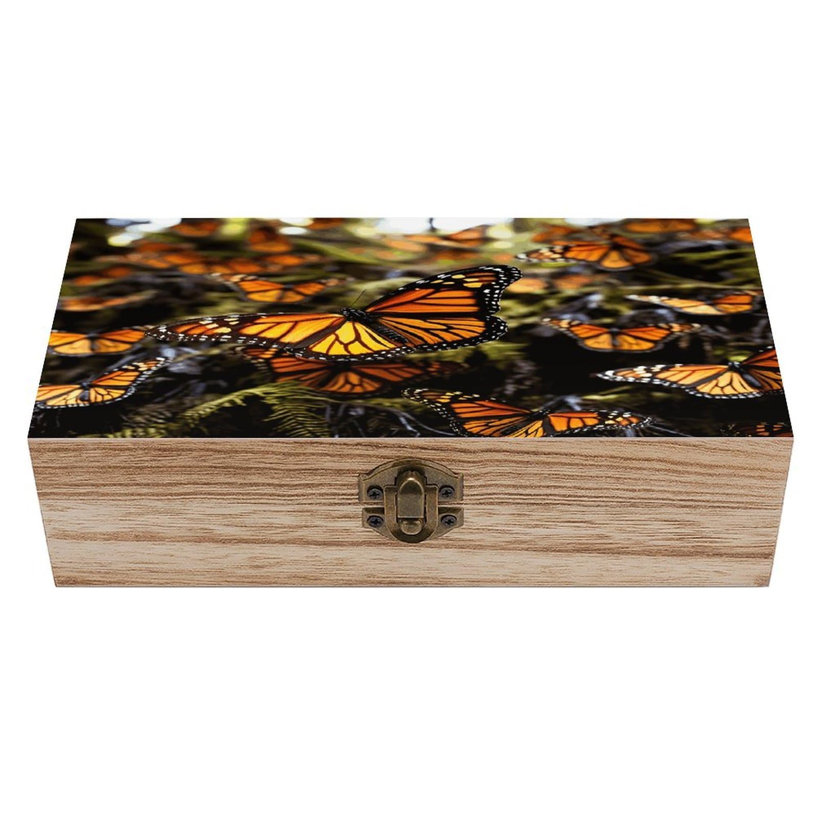 Heaps of Orange Monarch Butterflies Wooden Box with Hinged Lid Handmade Wooden Jewelry Boxs Organizer Personalized Woodens Keepsake Box for Pictures Wedding Photo Jewelry Decorative Chest Rustic Crate