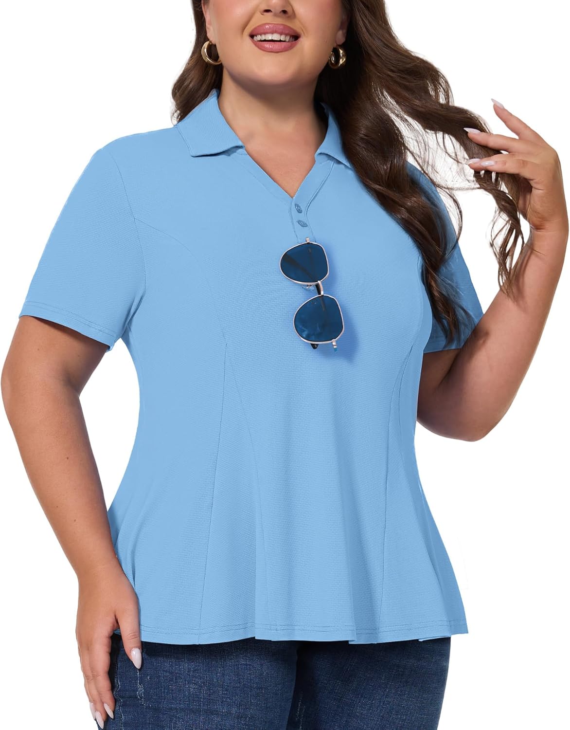 Casei Women's Plus Size Golf Polo Shirt with Sunglasses Holder UPF 50+ Tunic Tops Casual Workout Work Shirts
