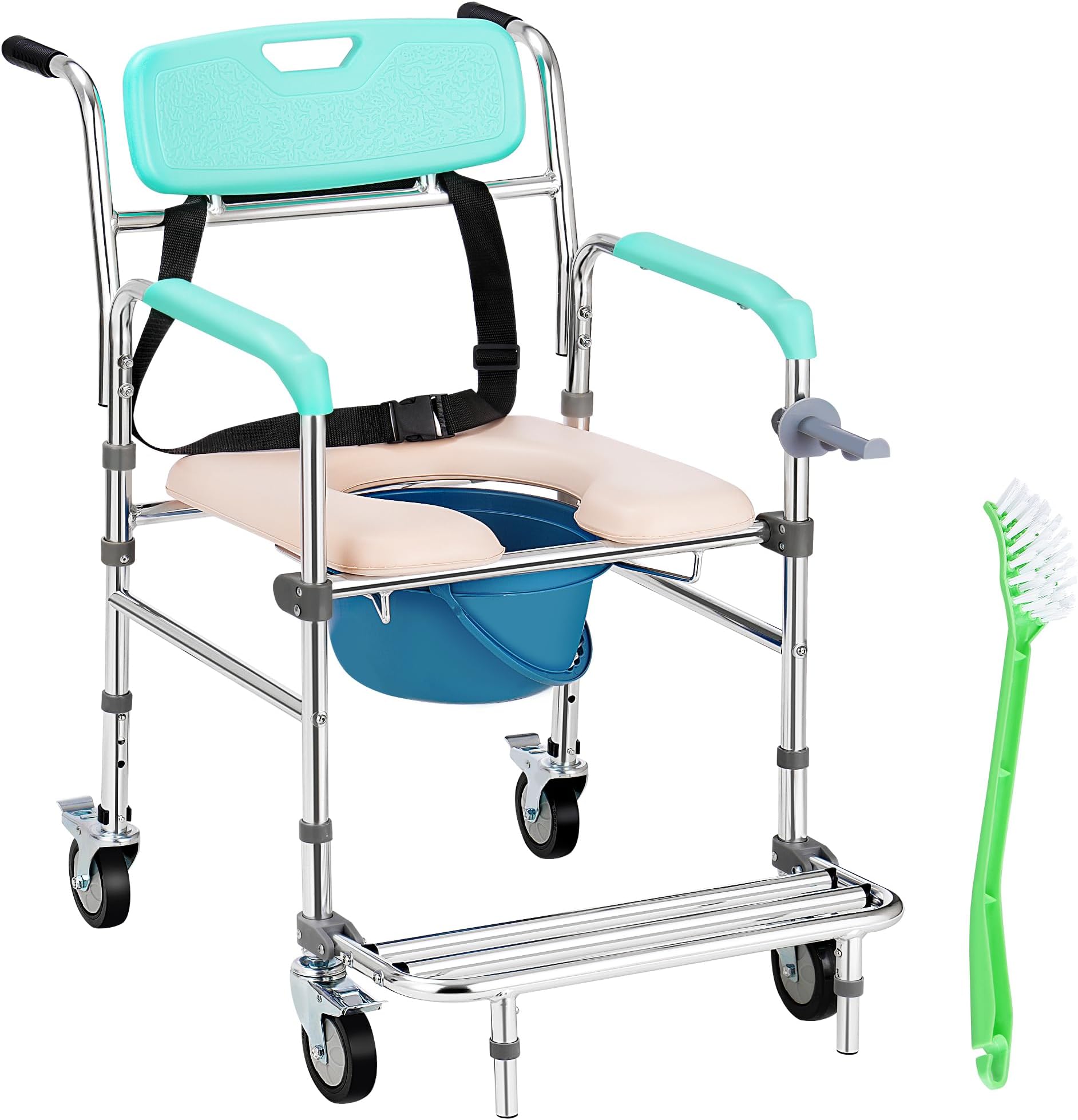 Shower Chair with Wheels, Commode Chair 3 in 1 Shower Wheelchair with Removable Bucket, Padded Seat, Toilet Brush, Waterproof Rolling Shower Chair for Elderly and Disabled Holds Up to 300 lbs