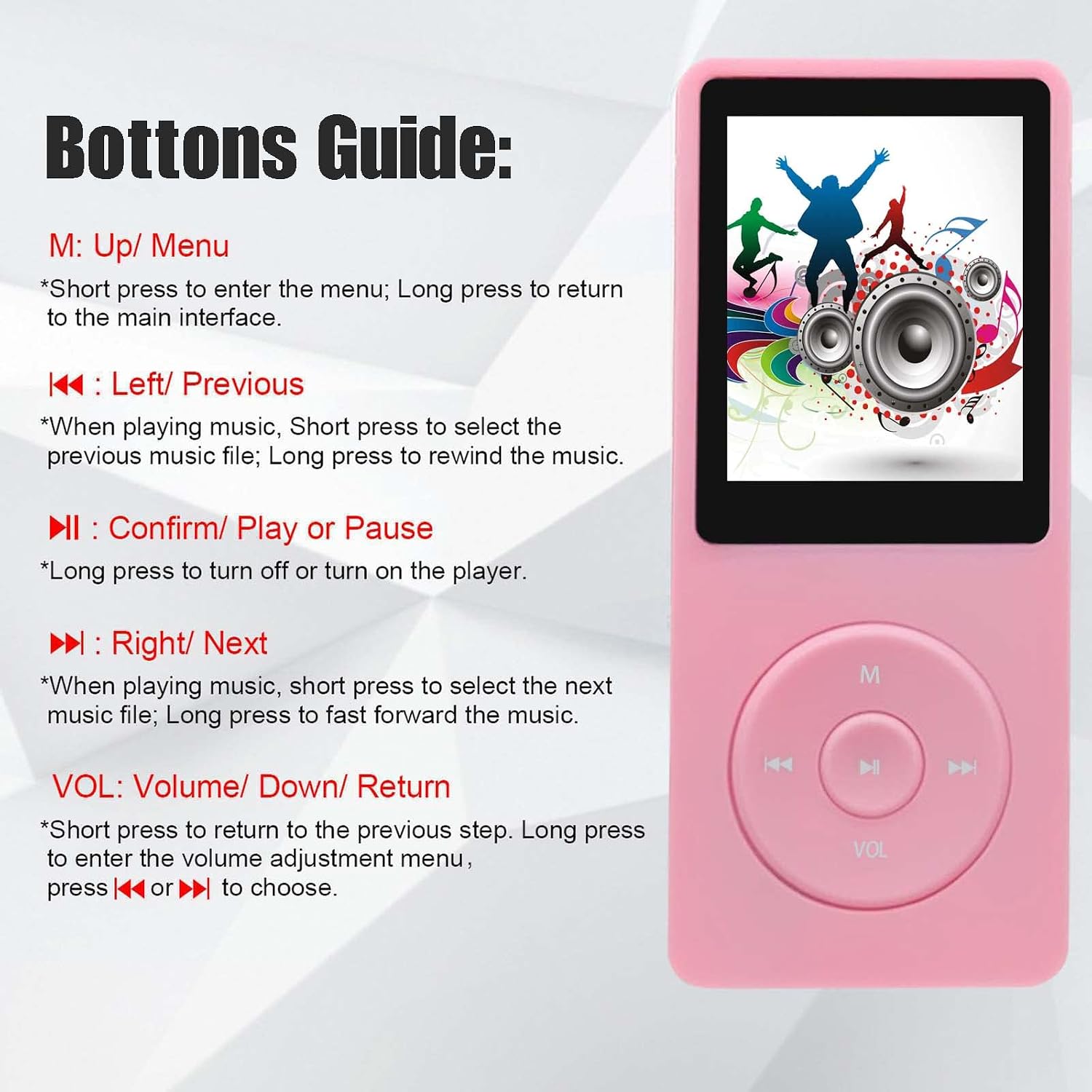 64GB MP3 Player with Speaker Earphones Portable Music Player for Kids Support Voice Recorder Photo Video E-Book, Pink