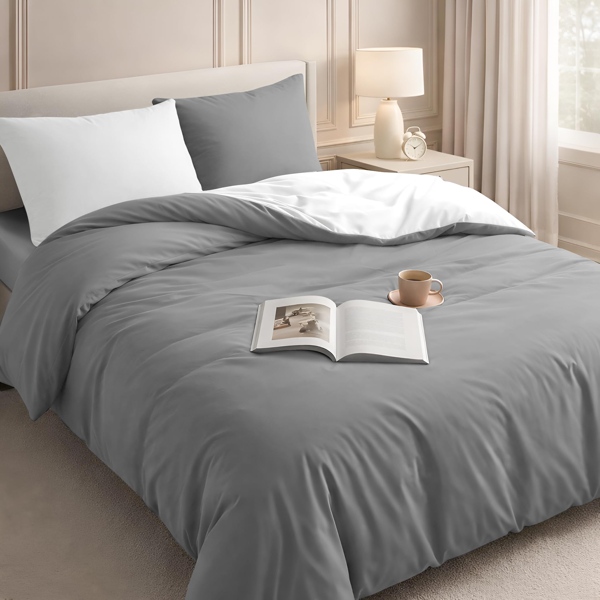 Velosso Duvet Cover Sets - Brushed Microfibre Duvet Covers with 2 Pillowcases - Hypoallergenic Ultra Soft Breathable Quilt Cover Set (White/Grey, Super King) — image 1