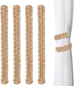 4 Pack Curtain Tiebacks, Boho Curtain Holdbacks, 9.5 Inch Natural Linen Rope Holdbacks with Inner Wire for Farmhouse for Farmhouse, Coastal Decor