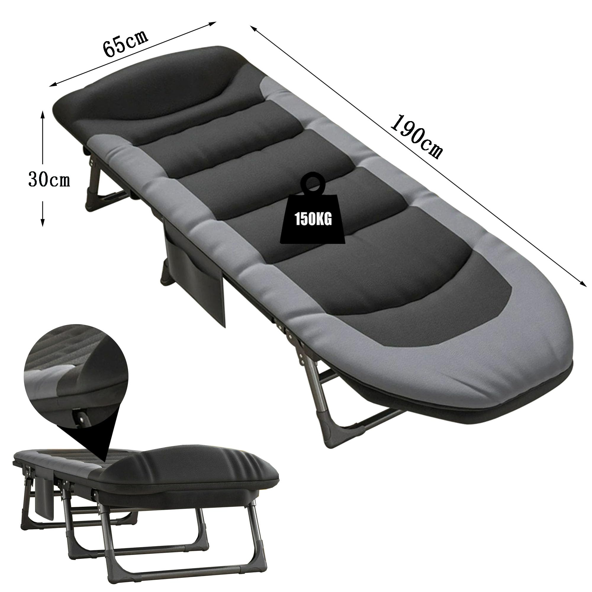 Opklapbed 1 Personen in 6 Standen Verstelbare Rugleuning Veldbed met Matras Draagvermogen 300kg Logeerbed Campingbed Ruimtebesparend Bed(Gray,200 * 70 * 30cm