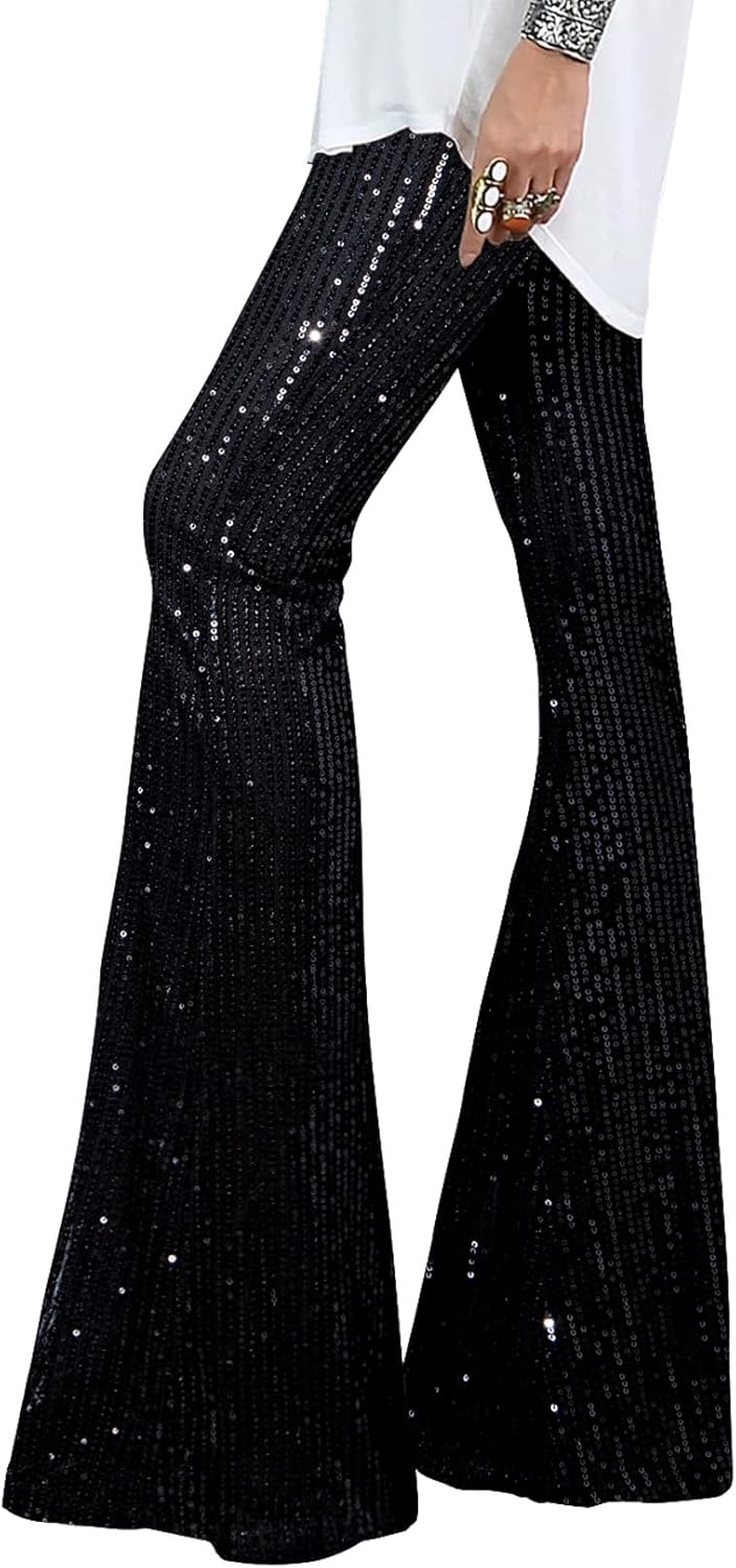 EVALESS Women Sequin Pants Sparkly Glitter High Waisted Wide Leg Flare Trousers Bell Bottom Night Out Clubwear