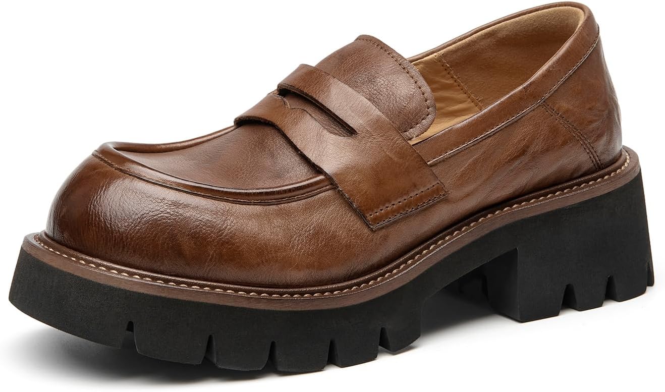 BEAU TODAY Platform Loafers for Women, Women’s Chunky Leather Loafers, Slip-on Lug Sole Penny Loafers Comfortable Business Casual Office Non Slip Round Toe Ladies Dress Shoes Brown US 8.5