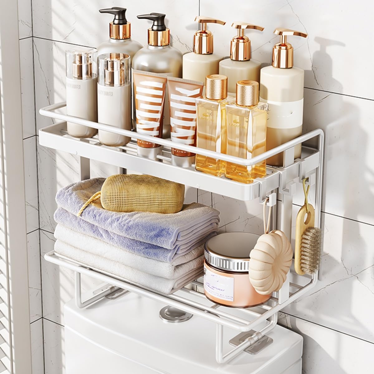 Over The Toilet Storage Shelf, Bathroom Above Toilet Storage Cabinet, No Drilling Over Toilet Bathroom Organizer, Home Storage Rack With Hooks Shelf, Easy To Assemble ( Color : /Black , Size : 2-Tier