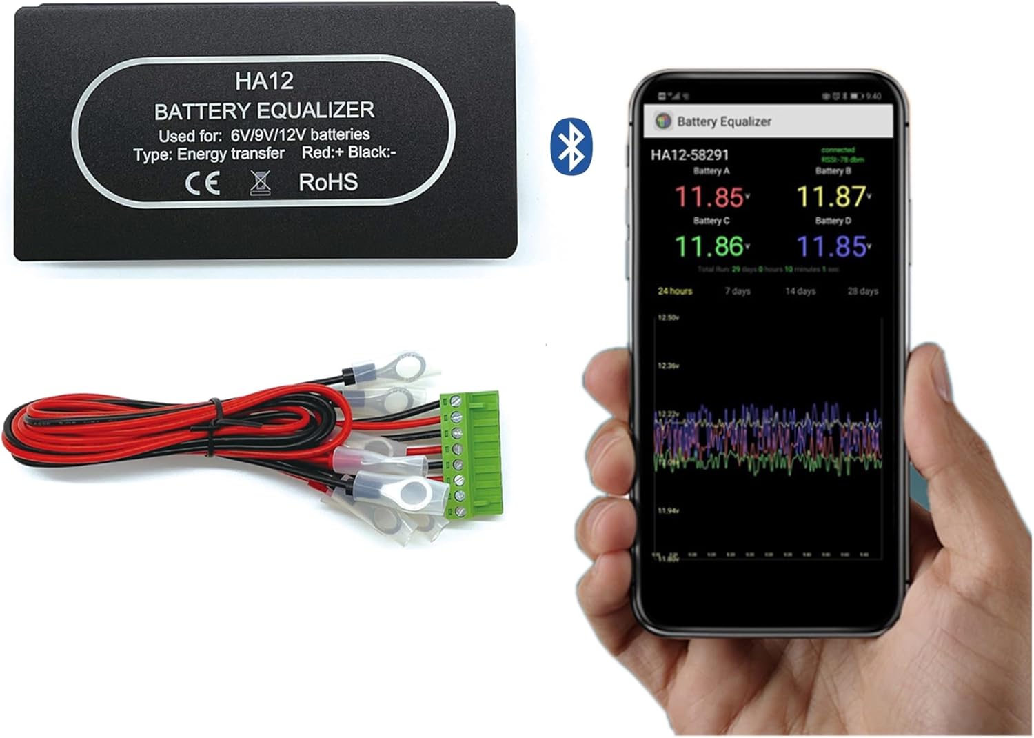battery equaliser HA12 Bluetooth 48VBattery Equalizer Balancer With phone App display for Lead Acid Battery, Lithium Battery etc (Size : 4X(6V-12V))
