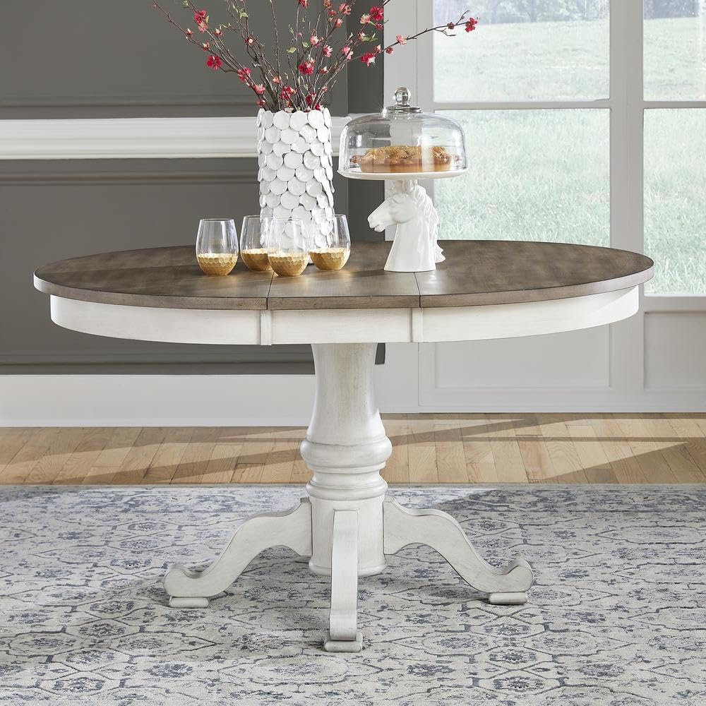 Liberty Furniture Ocean Isle Pedestal Table for Dining Room - Antique White w/Weathered Pine