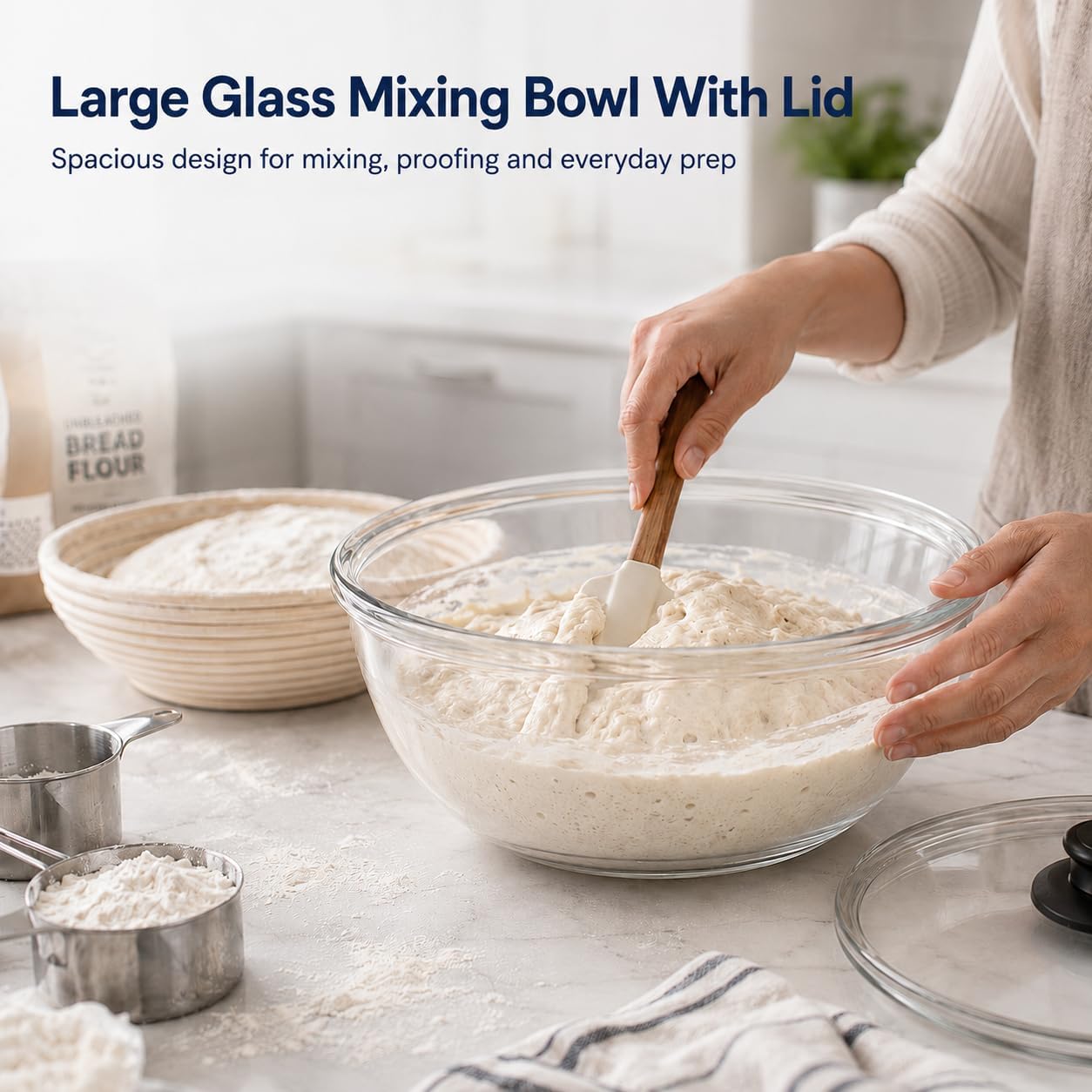 6 QT Large Glass Mixing Bowl with Lid, Clear Thickened Glass Bowl for Sourdough Bread Salad Baking Prepping and Food Storage, Dishwasher Microwave Freezer