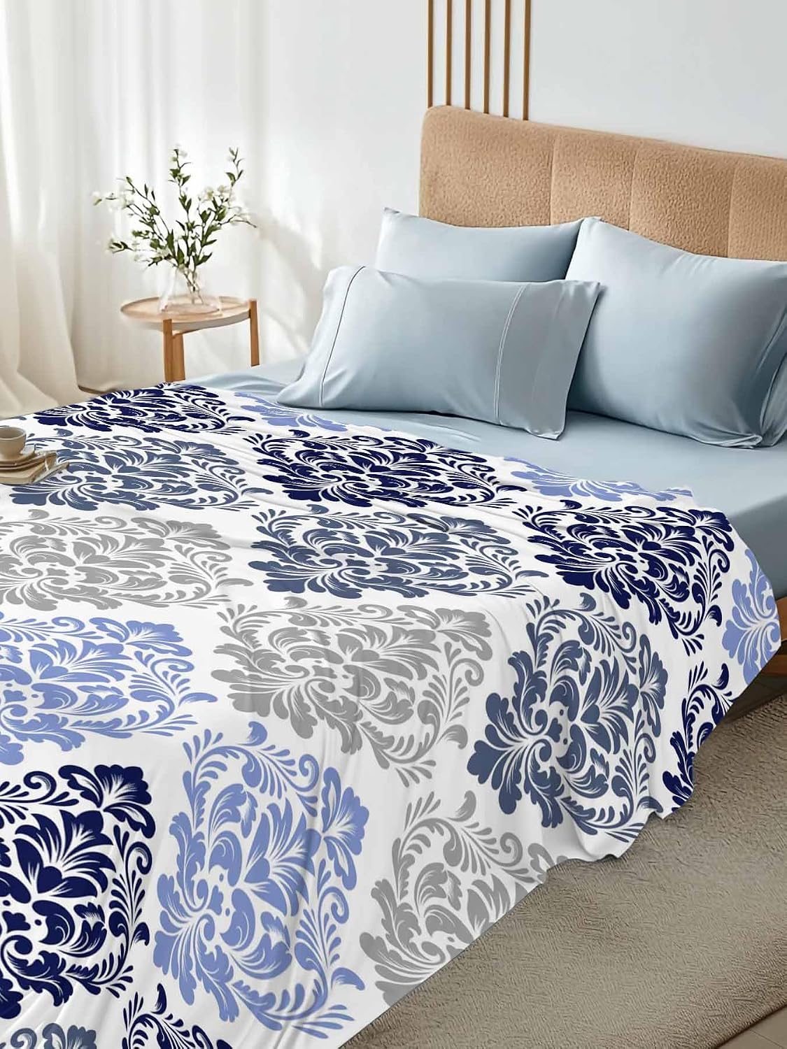 Top Sheet Full Bedding Flat Sheet Only, Mid Century Flower Texture Microfiber Bed Sheets Soft Breathable Bedding Flat Sheets, Retro Blue Gray Floral Art Hotel Luxury Top Sheets