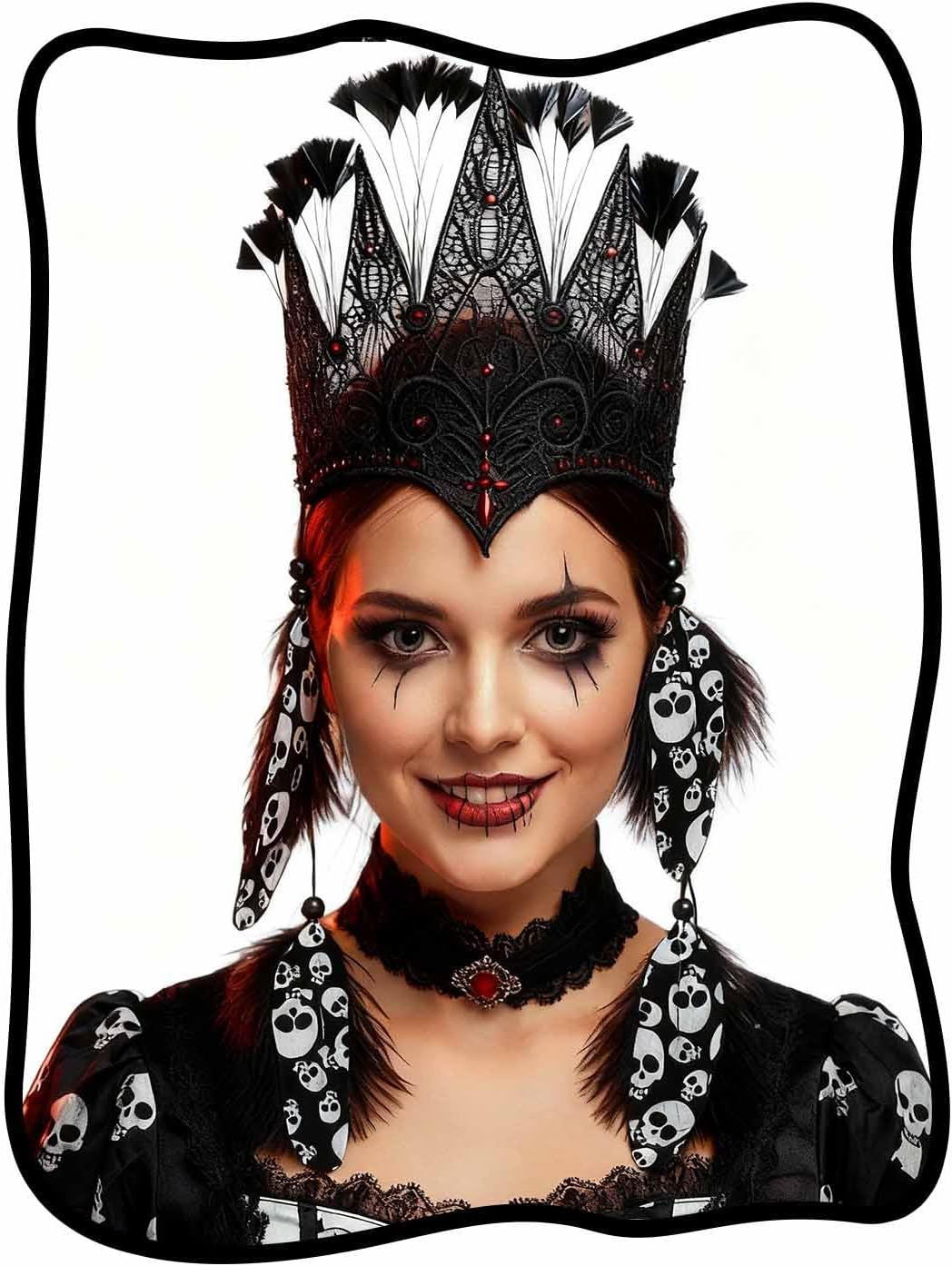 Urieo Gothic Lace Crown Headpiece with Skull Print Feathers, Black and Red Crystal Headband, Halloween Costume Accessory