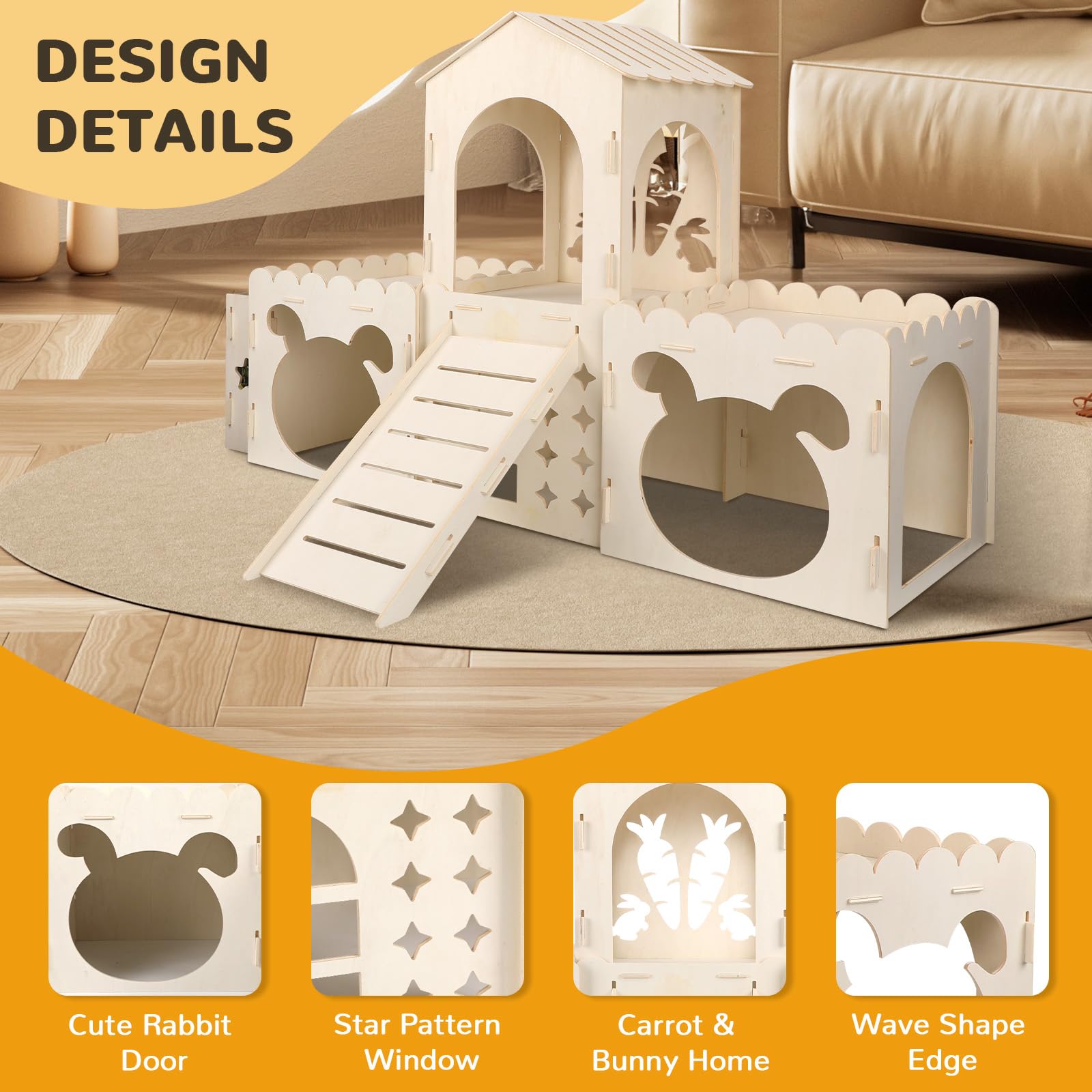 Extra Large Rabbit Castle, Wooden Bunny House & Hay Feeder, Detachable Rabbit Hideaway, Indoor Rabbit Castle with Ramp, Small Animal Houses & Habitats - image 4