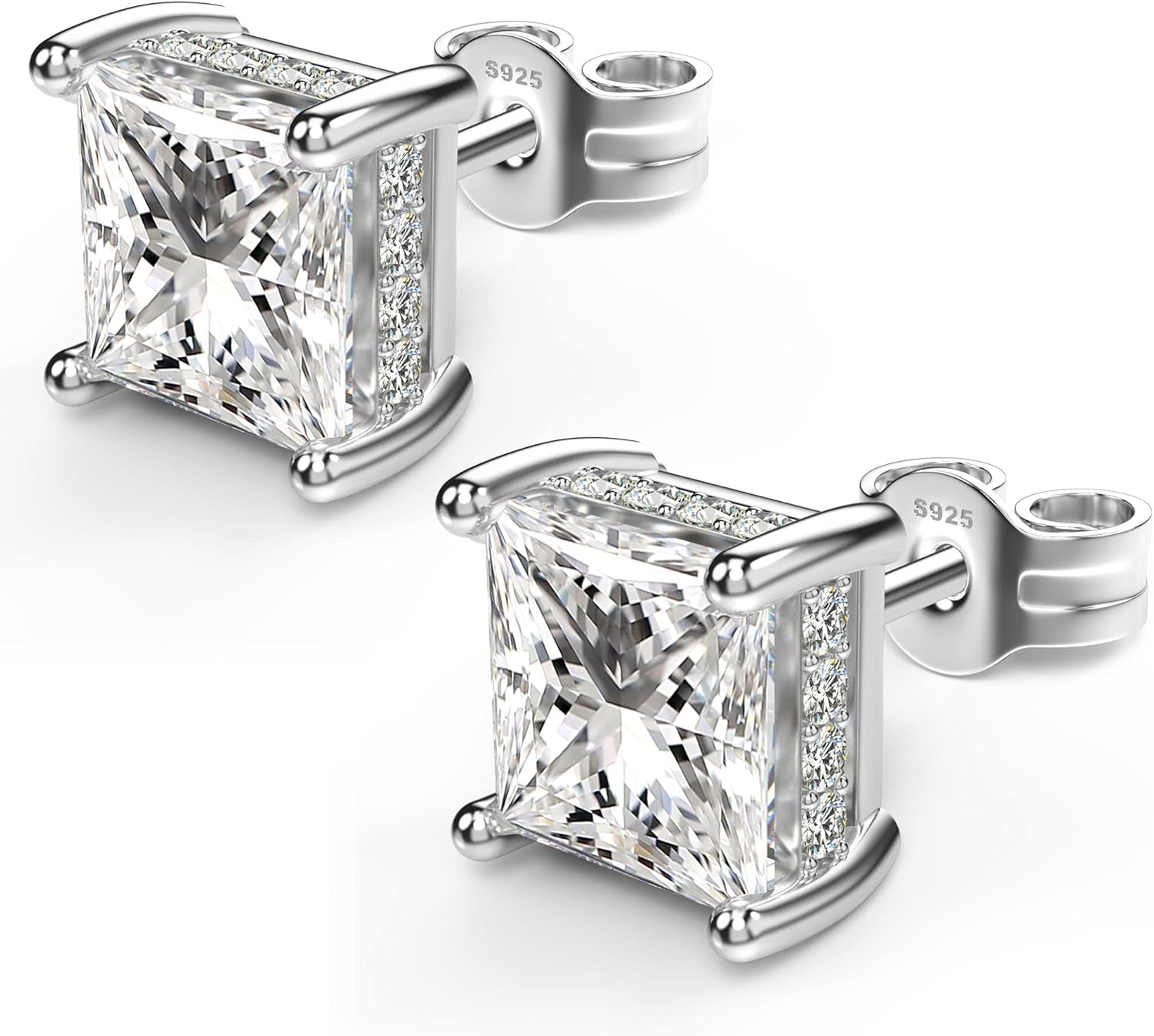 18K White Gold Plated Sterling Silver Princess Cut Cubic Zirconia Stud Earrings Square Simulated Diamond CZ Stud Earrings for Women Men Hypoallergenic - Image 2