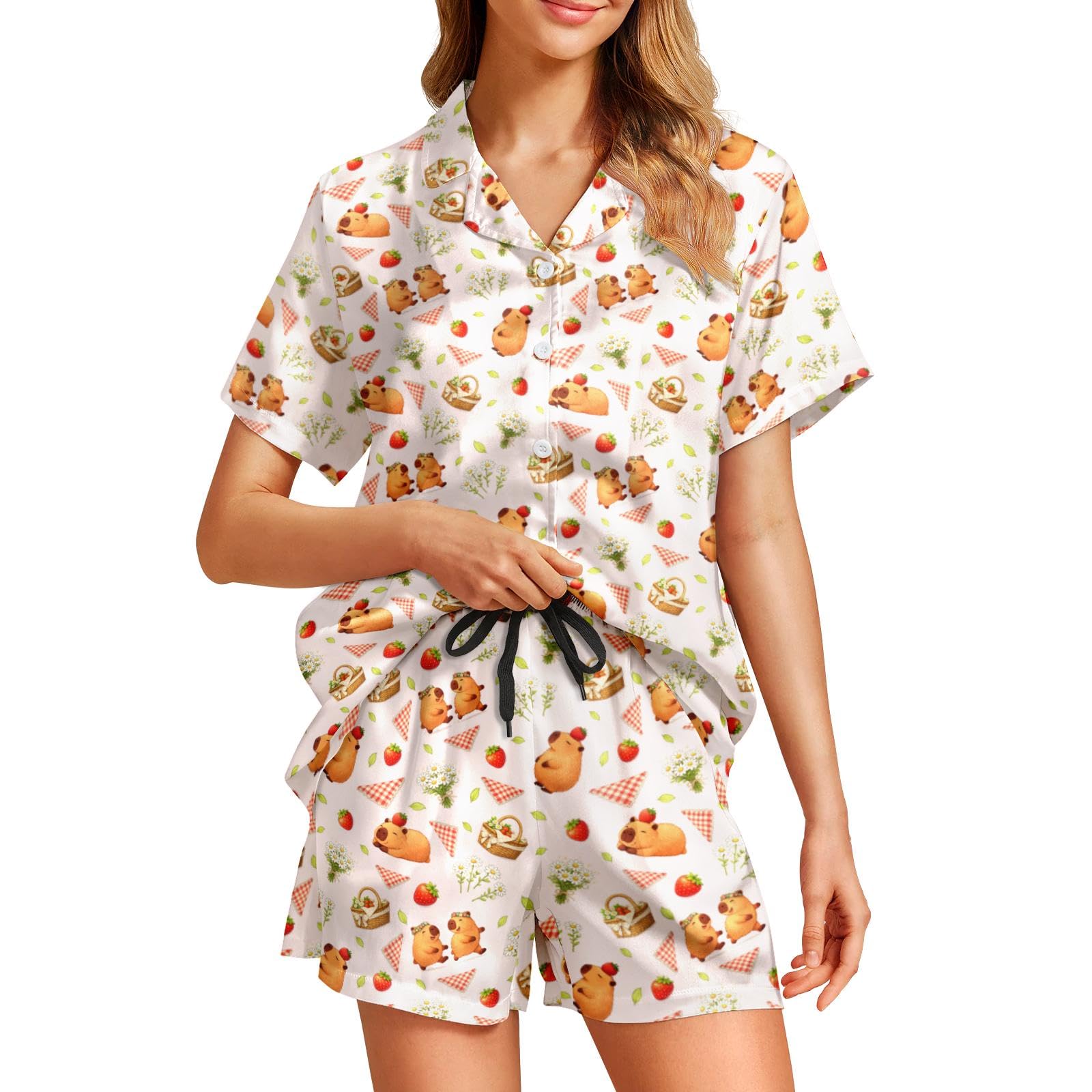 Funny Pajamas for Women Set Print Satin Loungewear Pjs Short Sleeve Button Down Top and Shorts Sets Sleepwear XS-3XL