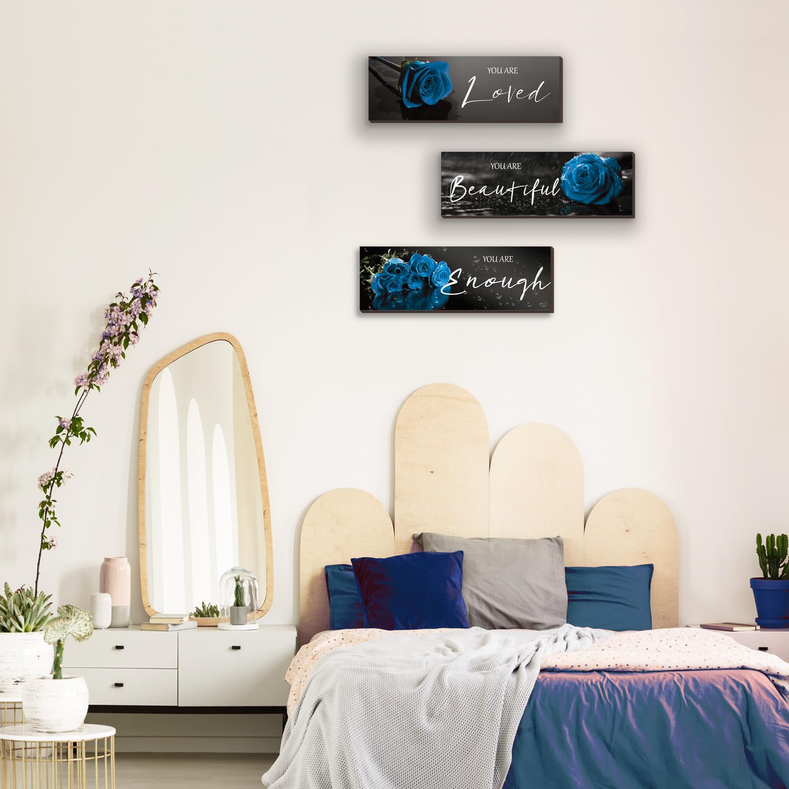 3er Set Blaue Rosen Holz-Wanddekoration – 30,5x10,2 Cm, Positive Sprüche Für Bad, Schlafzimmer & Büro