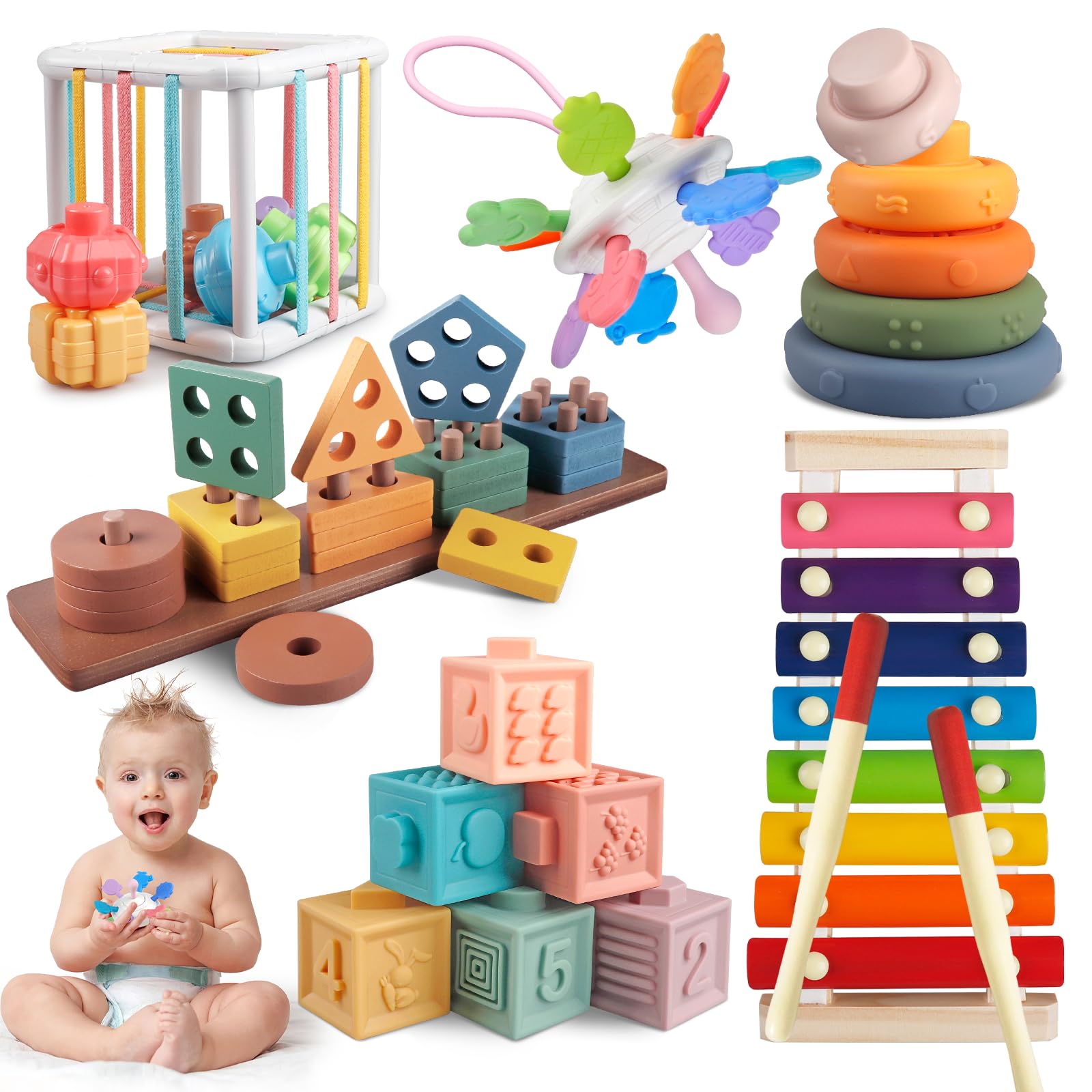Aliex 6 in 1 Montessori Toys for Babies, Baby Toys Stacking Rings Blocks Wooden Shape Sorter Activity Cube Xylophone Gifts for Baby Boys Girls