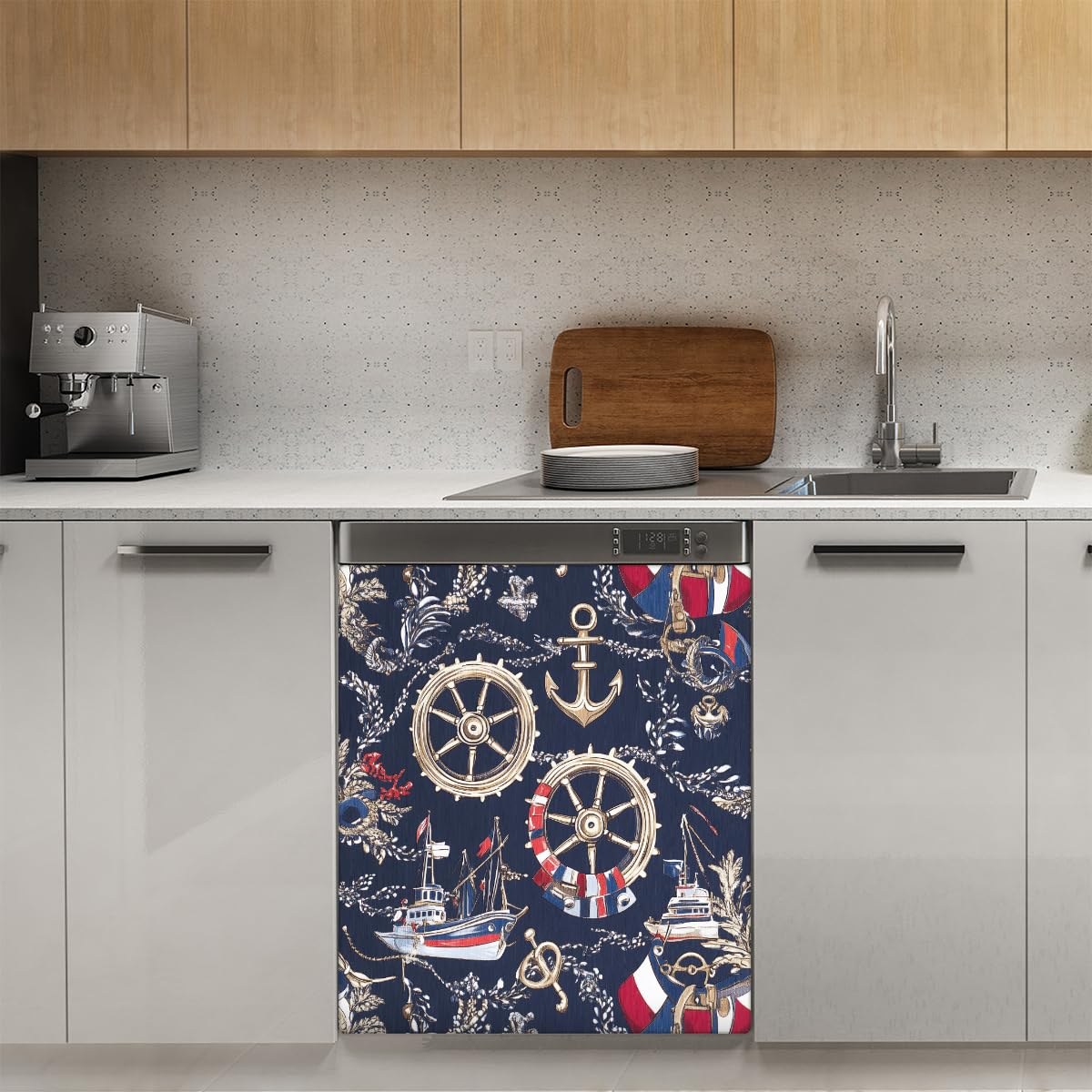 Mexpekil Adesivo decorativo per lavastoviglie con bussola nautica per barca, 53 x 66 cm, adesivo decorativo per lavastoviglie per porta d'ingresso, impermeabile, pannello magnetico per