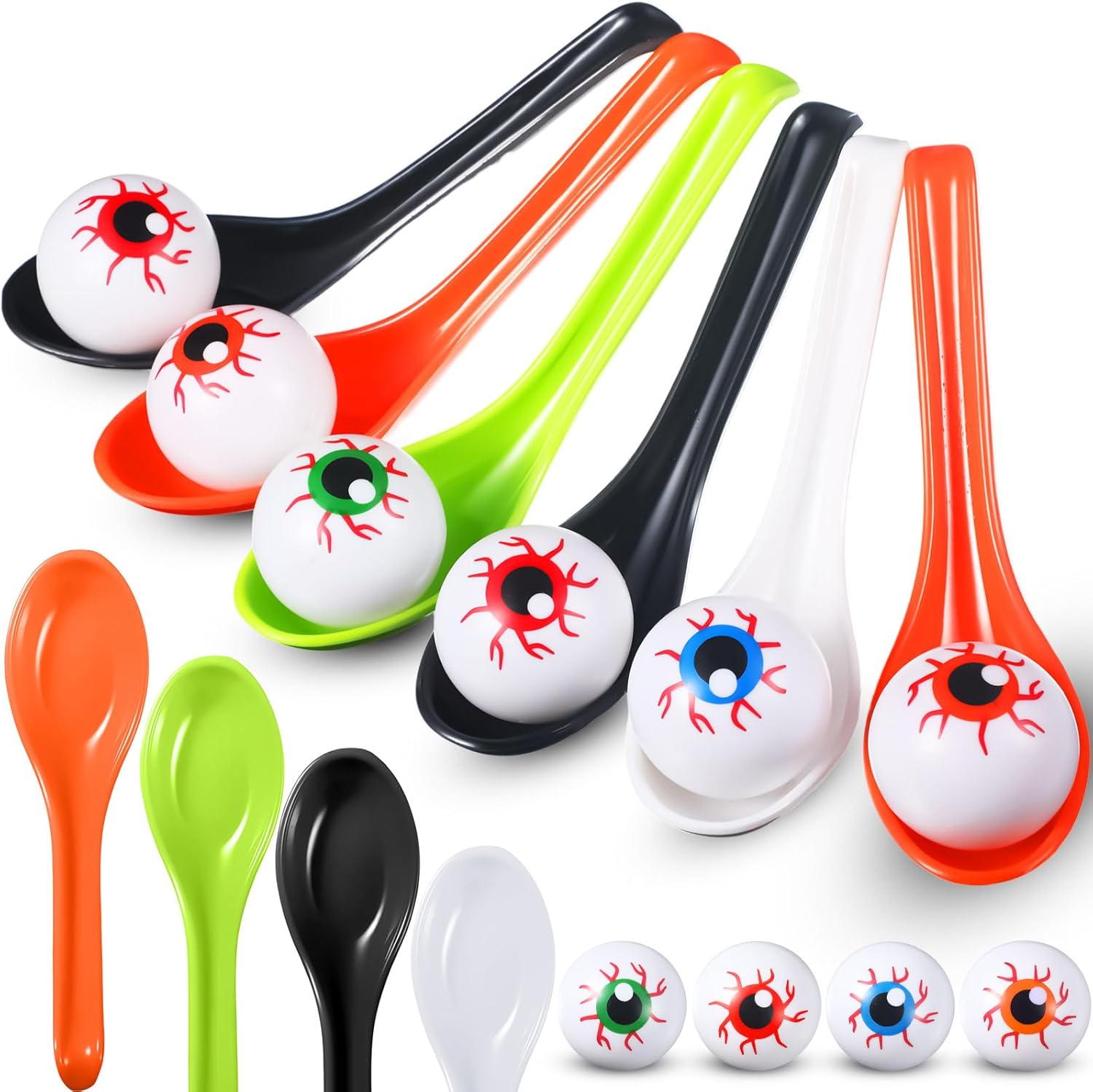 Liliful 48 Pcs Halloween Egg and Spoon Race Game Set Eyeball Spoon Race Game for Halloween Outdoor Fun Games Party Favor Supplies Indoor Activities(Black, Purple, Red, Green)