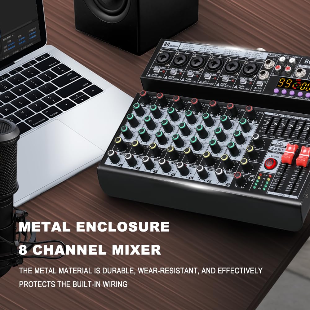 BOMGE Mixeur audio DJ professionnel à 8 canaux, mixeur sonore avec 99 effets DSP/égaliseur 7 bandes/clé USB/Bluetooth/ordinateur/fantôme 48 V pour enregistrement sur PC, karaoké, studio de streaming