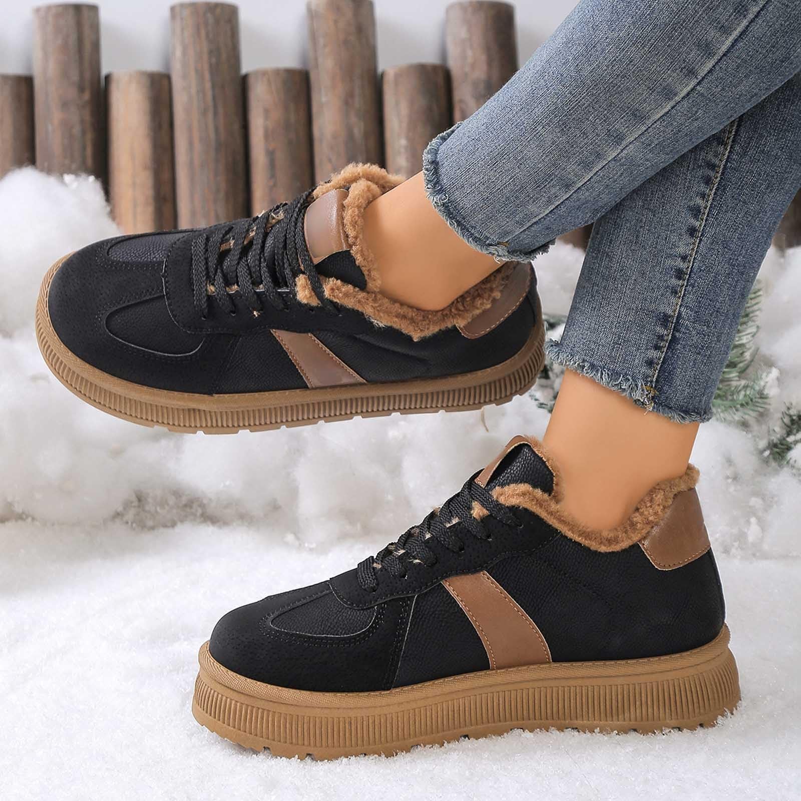 Bottes de Neige Femme Plate Bottes Femme Hiver Chaudes Fourrées Basket Chaussure Hiver en Cuir Imperméable Bottine Botte de Neige Antidérapante Snow Boots Fourrées Bottines Chaussures de Randonnée Ski