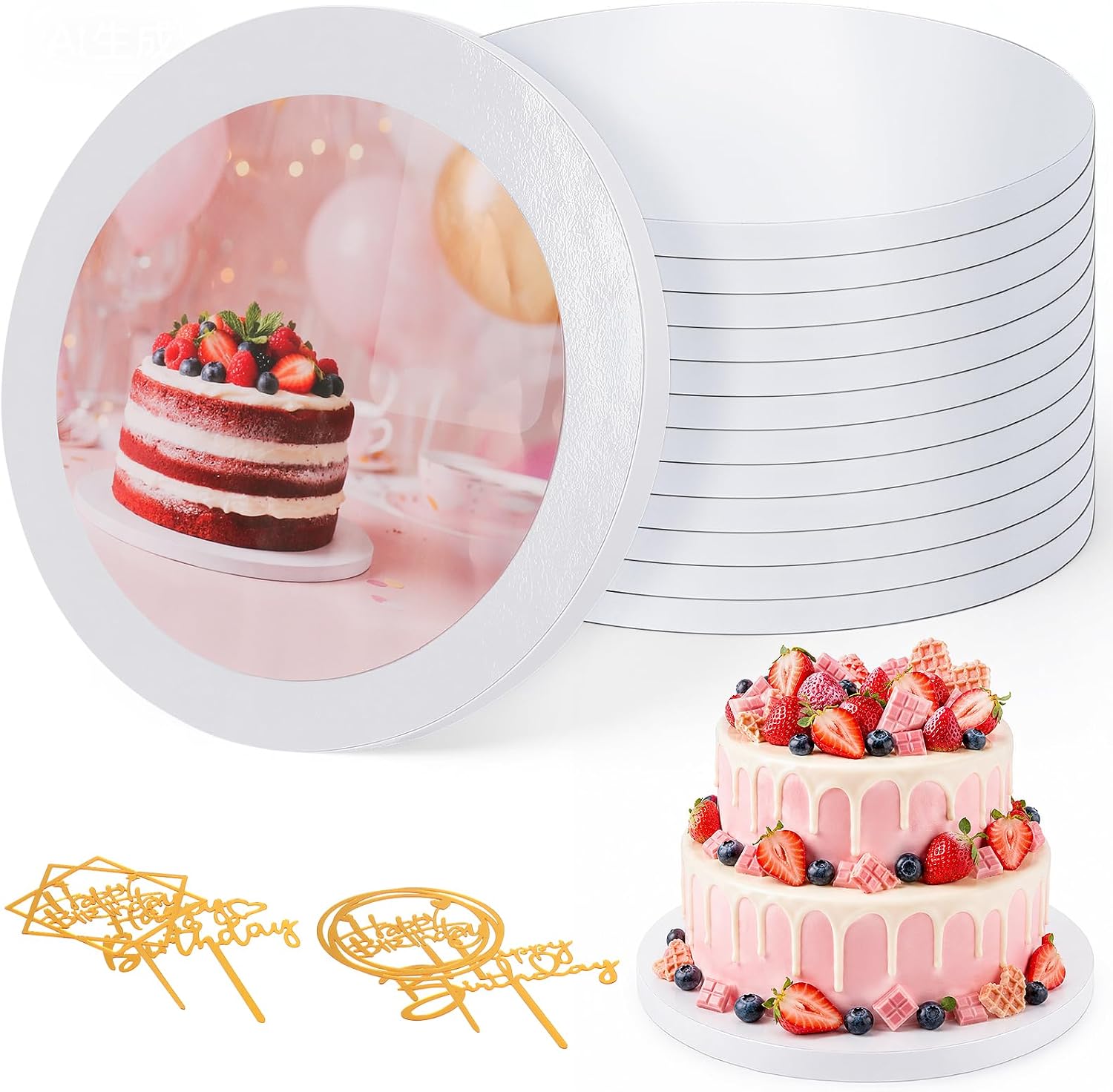 12PCS Cake Boards 10 inch Round, 1/2" Thick White Cake Drums Cake Circles with 12 Decorative Flags for Cake DIY, Dessert, Crafts Display, Birthday, Wedding Round Cake Base