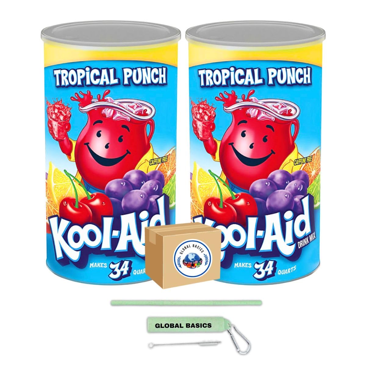 GLOBAL BASICSKool Aid Tropical Punch Flavored Powdered Drink Mix | Pack of 2 | 82.5 oz Per Canister - 165 oz TOTAL | Includes A Global Basics Reusable Straw Set!