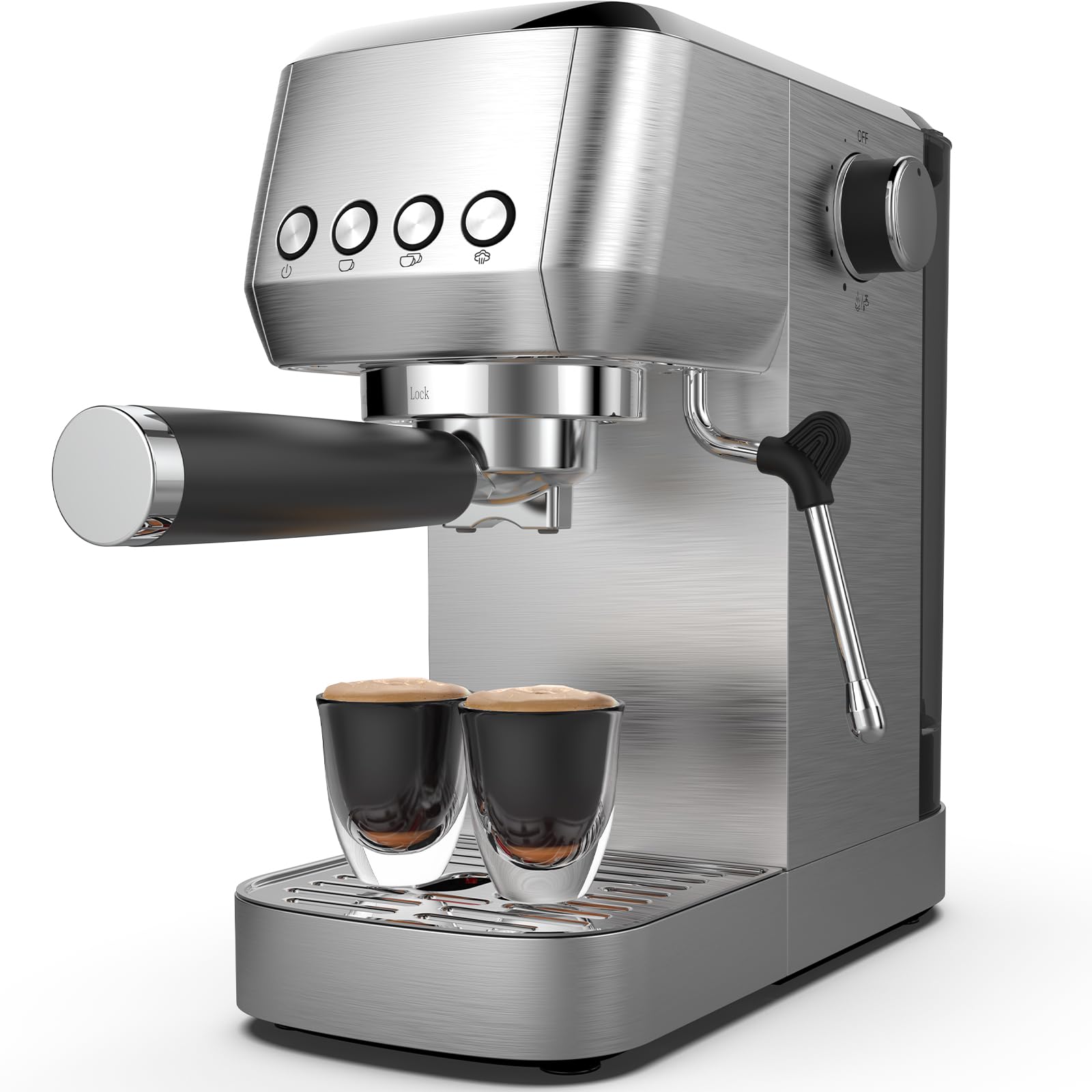 Ekspres do espresso, sitko, 20 barów, ze spieniaczem do mleka, filtr portowy 51 mm, szybkie nagrzewanie, konstrukcja ze stali nierdzewnej, zbiornik na wodę 1,3 l, podgrzewacz do filiżanek, filtr 2 w 1