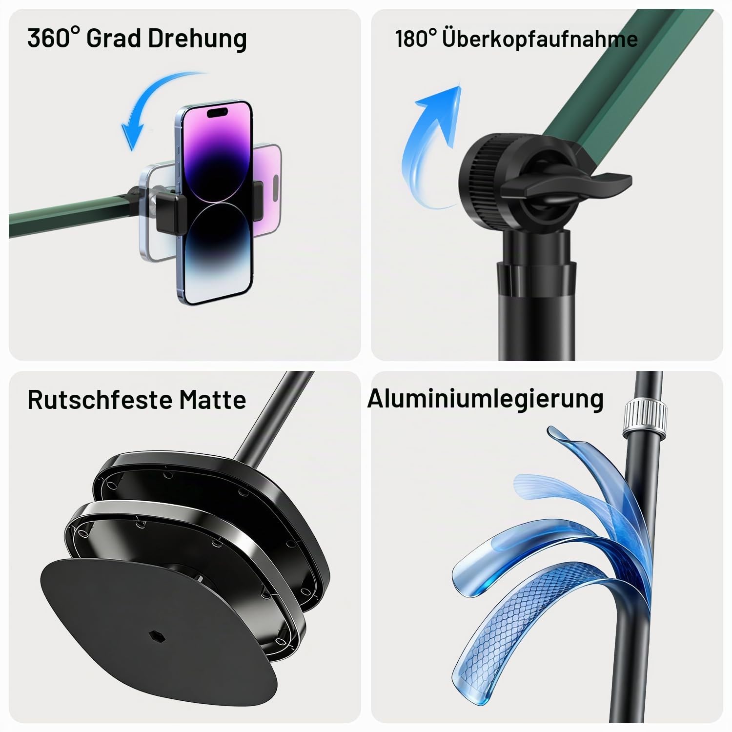 Überkopf-Telefonhalterung mit Licht, Handy-Ständer für Videoaufnahmen, 360 Grad schwenkbar, neigbar, verstellbar, Boden-Kamera-Filmstativ, Content Creator Handyhalterung, Stabiler Ständer (L11-SD)
