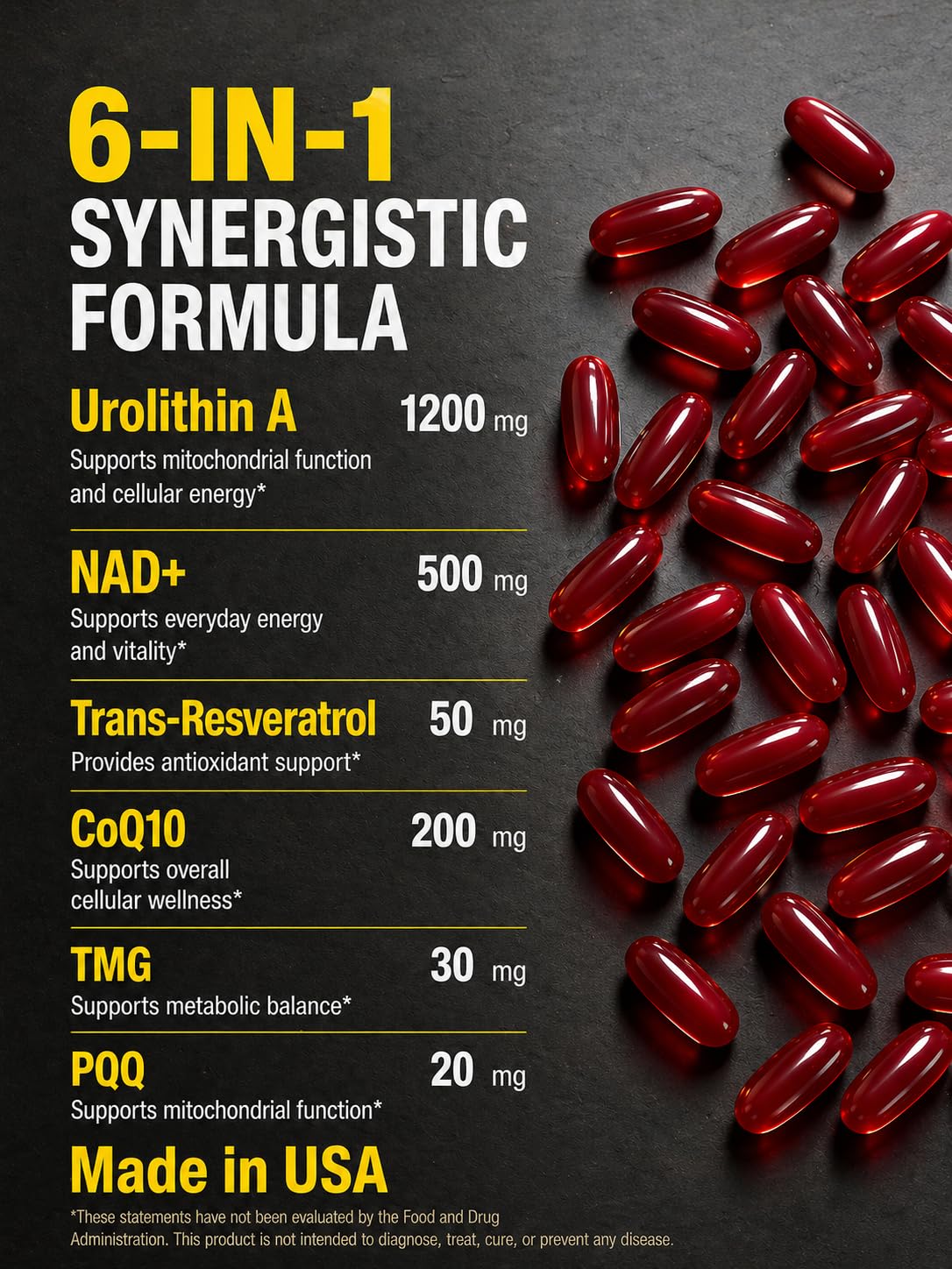 Urolithin A Supplement with Liposomal NAD+, Trans-Resveratrol, Ubiquinol, TMG, PQQ, 6-in-1 Formula for Cellular Energy & Mitochondrial Support, 120 Softgels — view 3