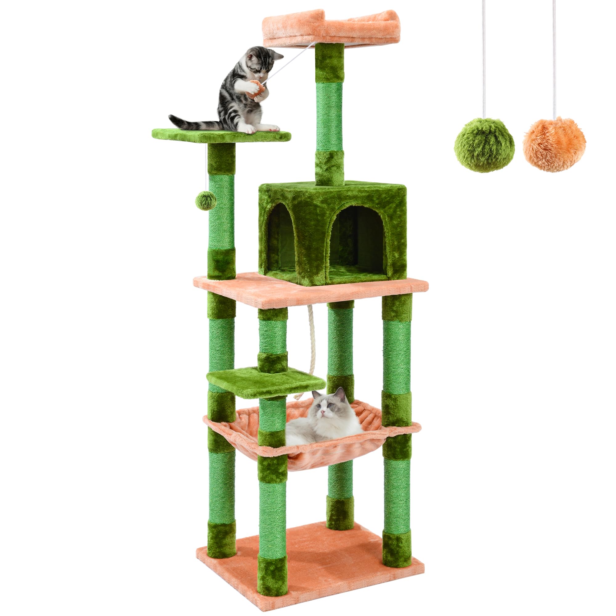 Cat Tree for Large Cats, 68 Inches Cat Tower for Indoor Cats, 5 Tires Multi-Level Cat Condo with Cat Scratching Posts, Cozy Perch, Cat Condo, Dangling Balls, Cactus Cat Tree