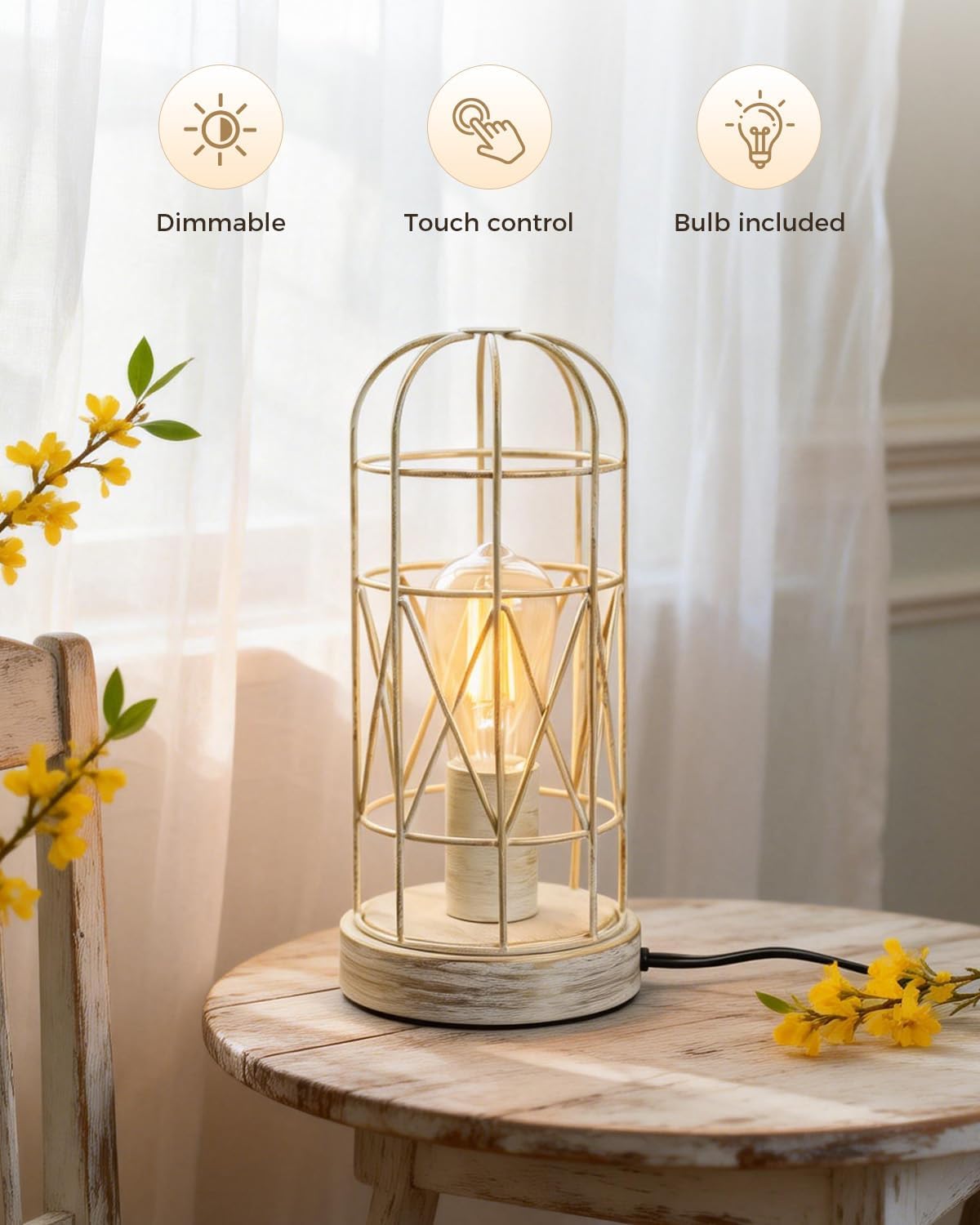 Unique Industrial Table Lamp with Touch Control, 28" Metal Mesh Desk Lamp with 3-Way Dimmer, Dimmable Farmhouse Lamp with Vintage Cage for Living Room, E26 Socket, Includes LED Bulb, White
