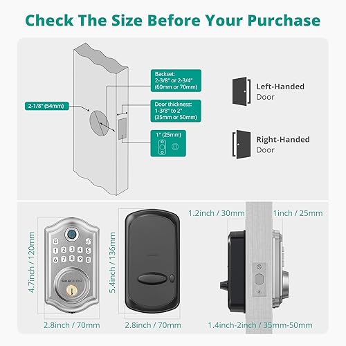 Miniatura 7 de DS10 - Cerradura de puerta de entrada sin llave con huella digital, teclado electrónico, 2 llaves, bloqueo automático y bloqueo de un toque, fácil