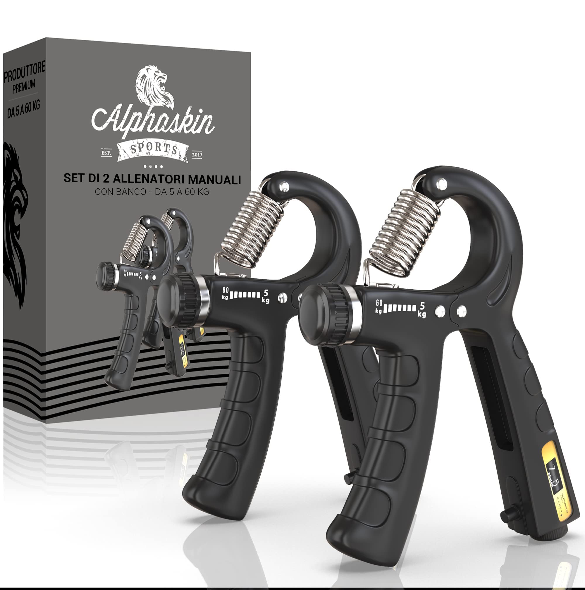 ALPHASKIN© Allenatore della Mano | Hand Grip | Allenatore della Forza della Presa | Set da 2 o Set da 5 | Attrezzi Palestra | Attrezzi Palestra casa