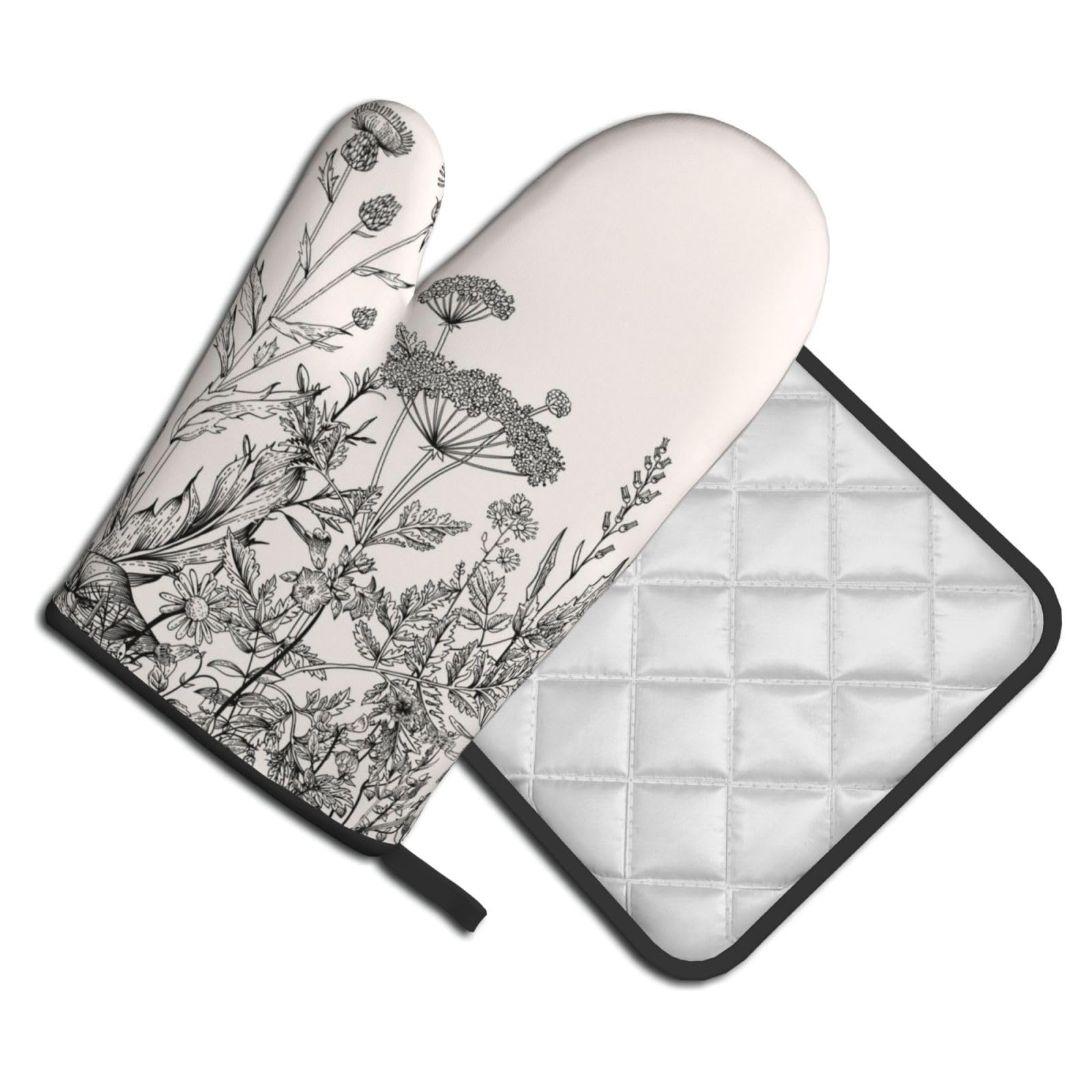 Oven Mitts and Pot Holders Set of 2 Pcs, Floral Herbs Botanical Engraving Printed Heat Resistant Kitchen Gloves Potholders for Cooking Baking Grilling
