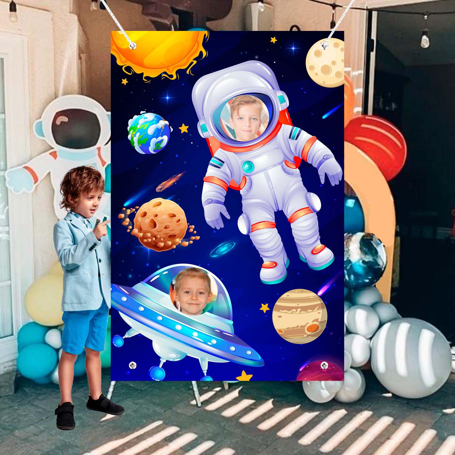 Aoihrraan 3,5x2,5m Astronave Vista Finestra Sfondo Veicolo Spaziale Luna Superficie Spazio Esterno Fantascienza Fotografia Sfondo Ragazzi Festa di Compleanno Bambino Adulto Astronauta Foto Prop